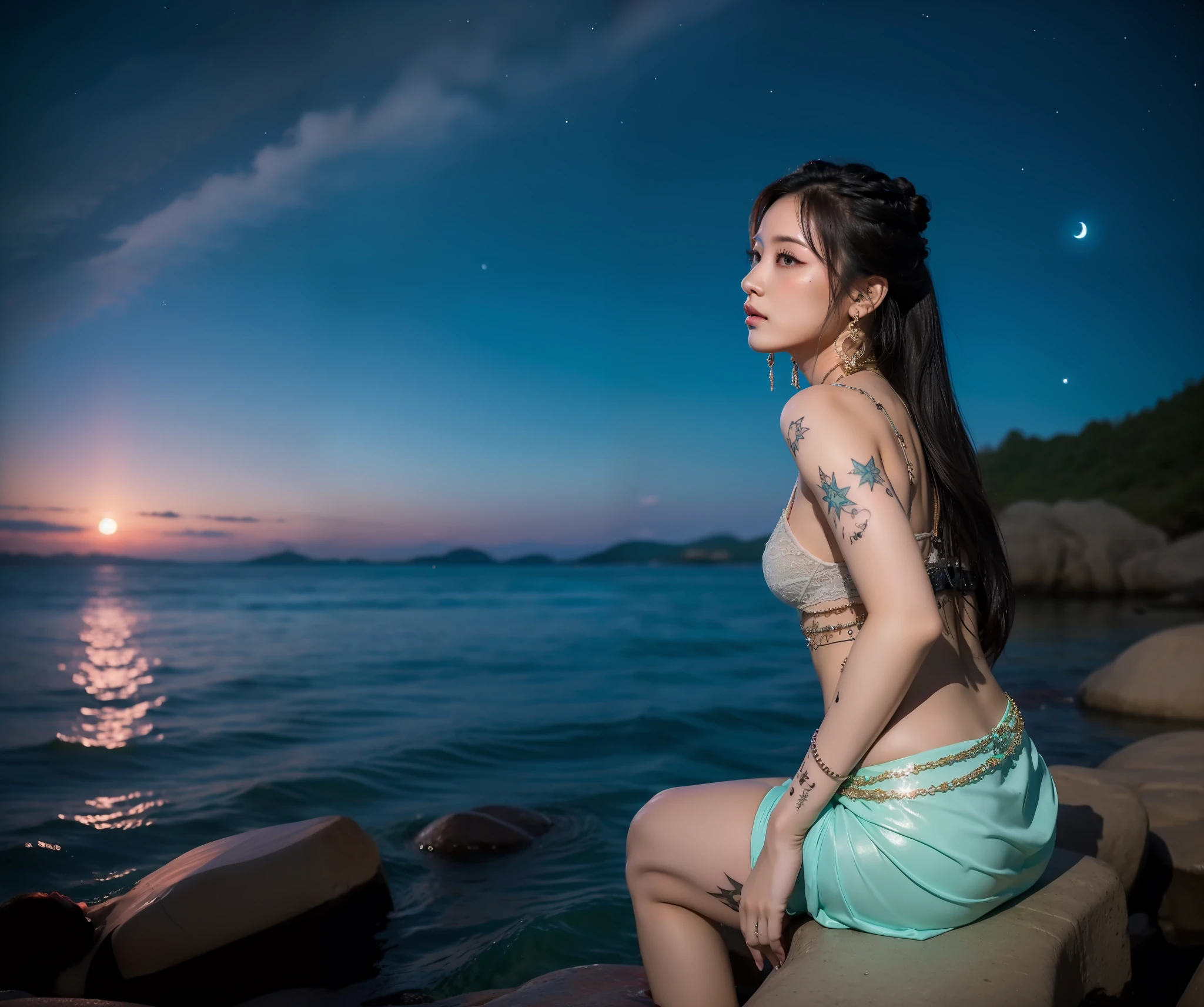 a lonely  siren looking  beyond,tatoos ,richly tatooed with mysterious symbols and patterns ,lavishly decorated ,wearing jewellery ,long waving skirt train,  ,long for an adventure ,dawn and dusk at the same  time ,stars  and moon,fantasy ,romantic，失落的遗迹，led 灯生成的海洋 ,飘渺,浮游生物发光体，轻科幻