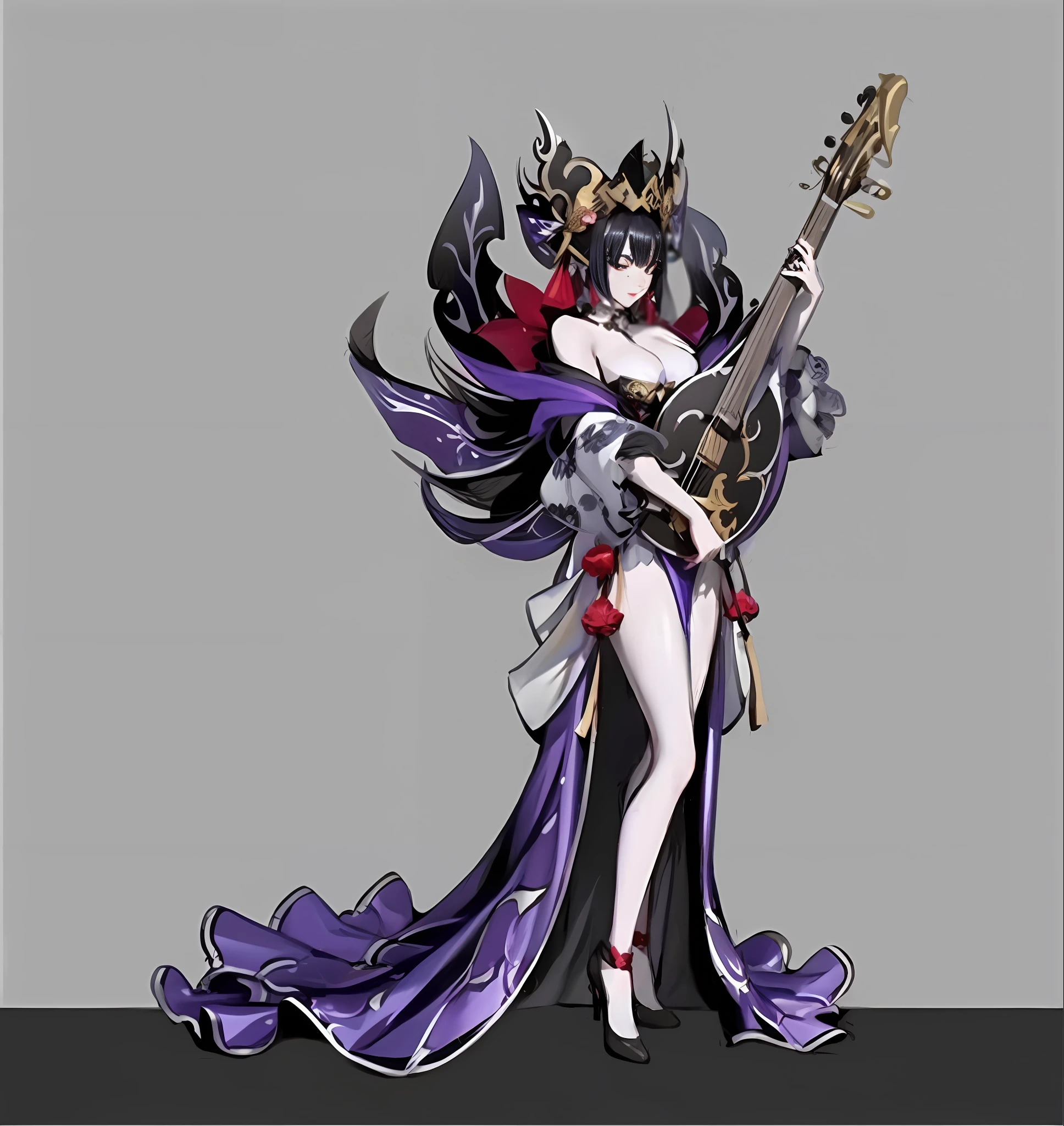 A woman in a purple dress holding a guitar, Onmyoji Detailed Art, Onmyoji, Full Body Immortal, Dark Witch Full Body Pose, Overlord's Tears, Beautiful and Elegant Demon Queen, Ying Tears Falling, White Horned Queen Demon, Masterpiece Goddess of Sorrow, Dark Witch Full View, Onmyoji Portrait, (8k, RAW photo, best quality, masterpiece:1.2), European feel, medieval, ((character concept art)) Still life, Fine detail, center of screen, still life only, ((simple background)), white background,