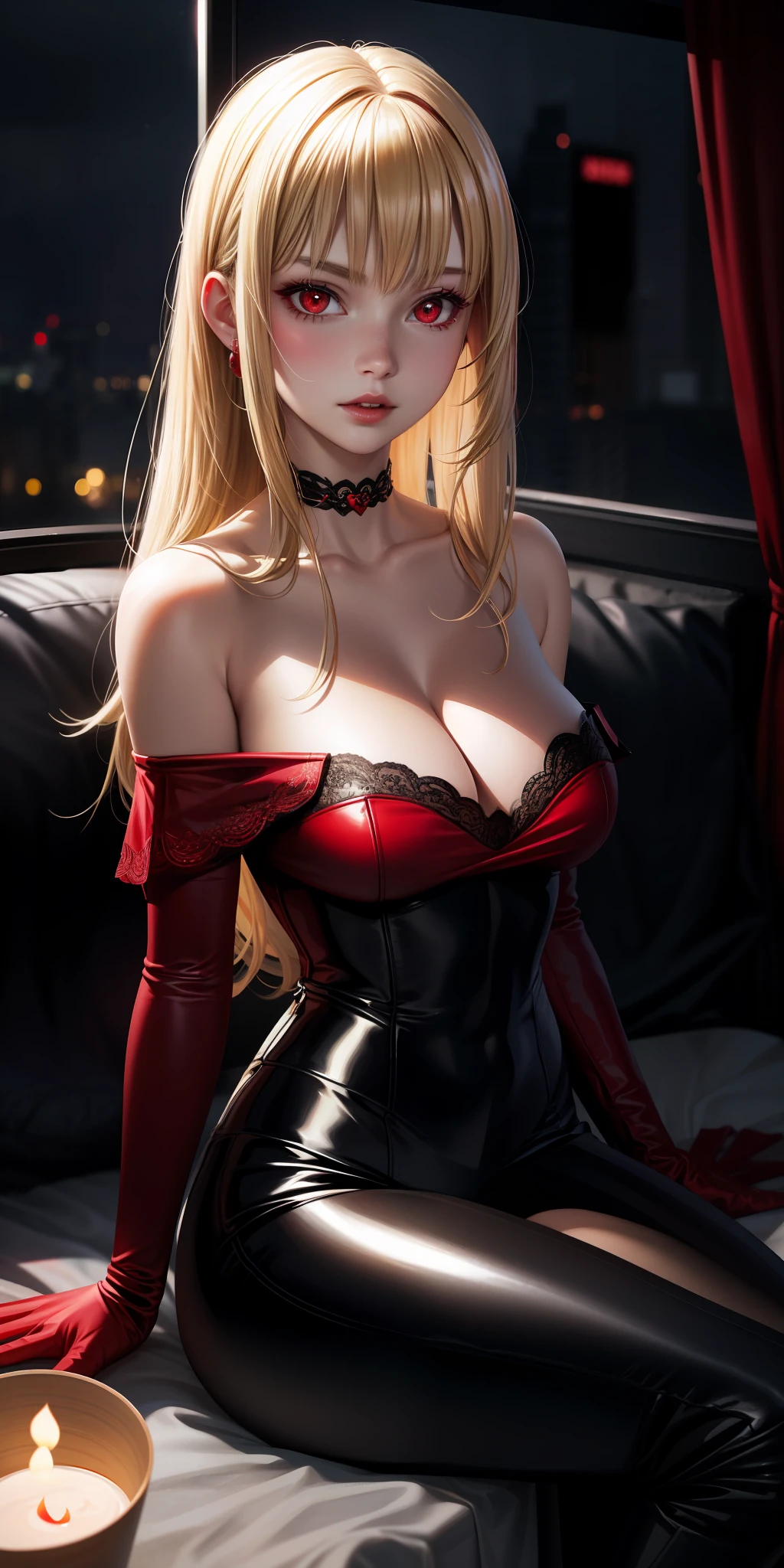 realistic, girl alone, blonde, red eyes, glowing eyes, parted lips, night, sitting, sexy, sexy, vampire, vampire, off-the-shoulder