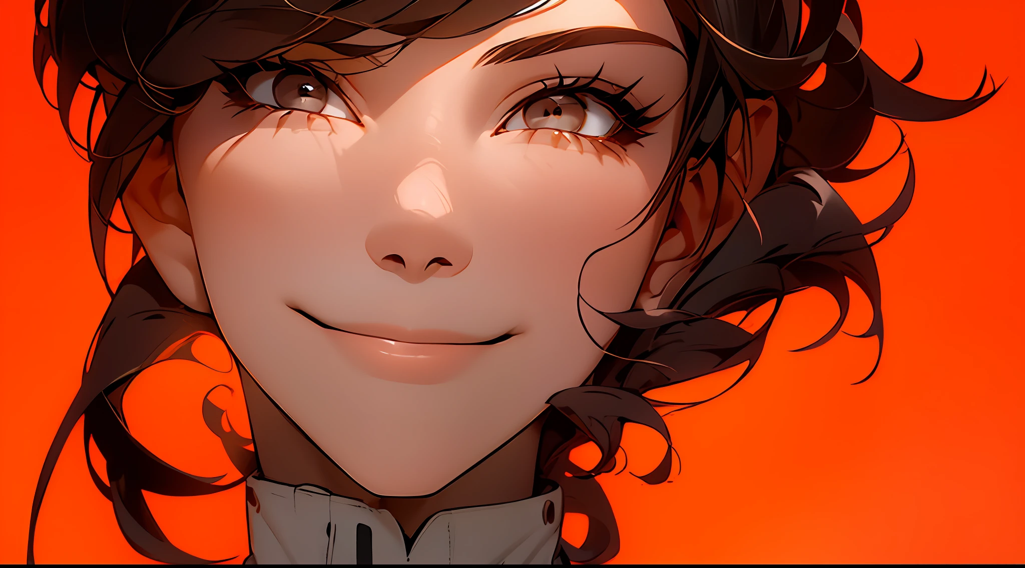 Man in fashion trend outfit, split bangs, gray eyes, smile, sunny, looking at the audience, horizontal perspective, 2/3 character canvas ratio, orange background, masterpiece, textured skin, high detail, best quality