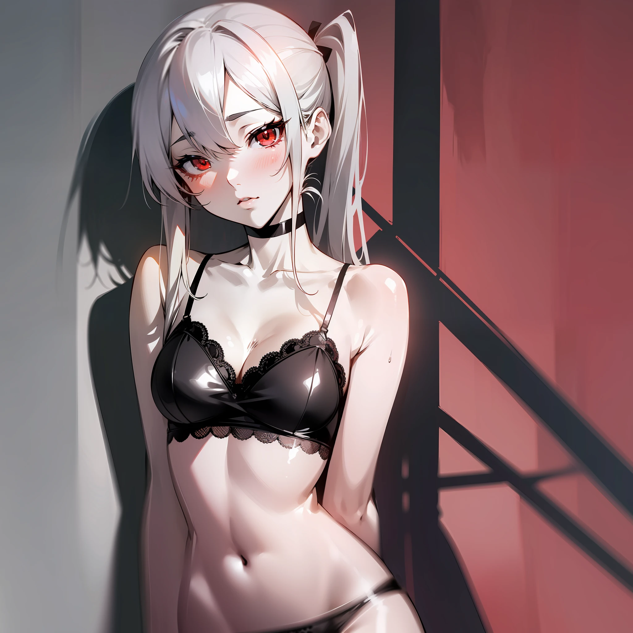 (Japanese anime, slender, glossy, light and shadow, shadow, tsundere style), best image quality, silver hairstyle, red eyes, monochrome background, panties, lingerie, sexy.
