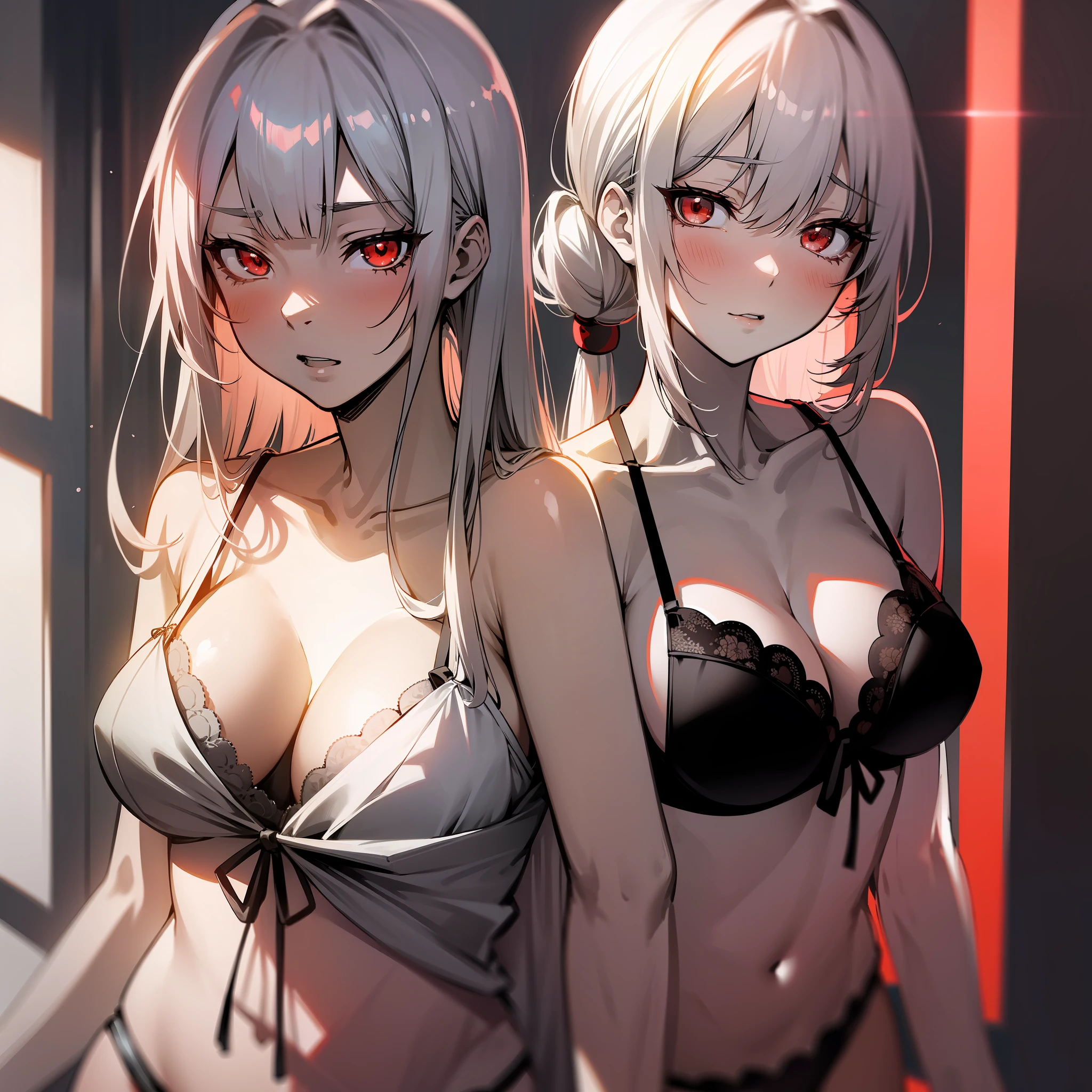 (Japanese anime, slender, glossy, light and shadow, shadow, tsundere style), best image quality, silver hairstyle, red eyes, monochrome background, panties, lingerie, sexy.