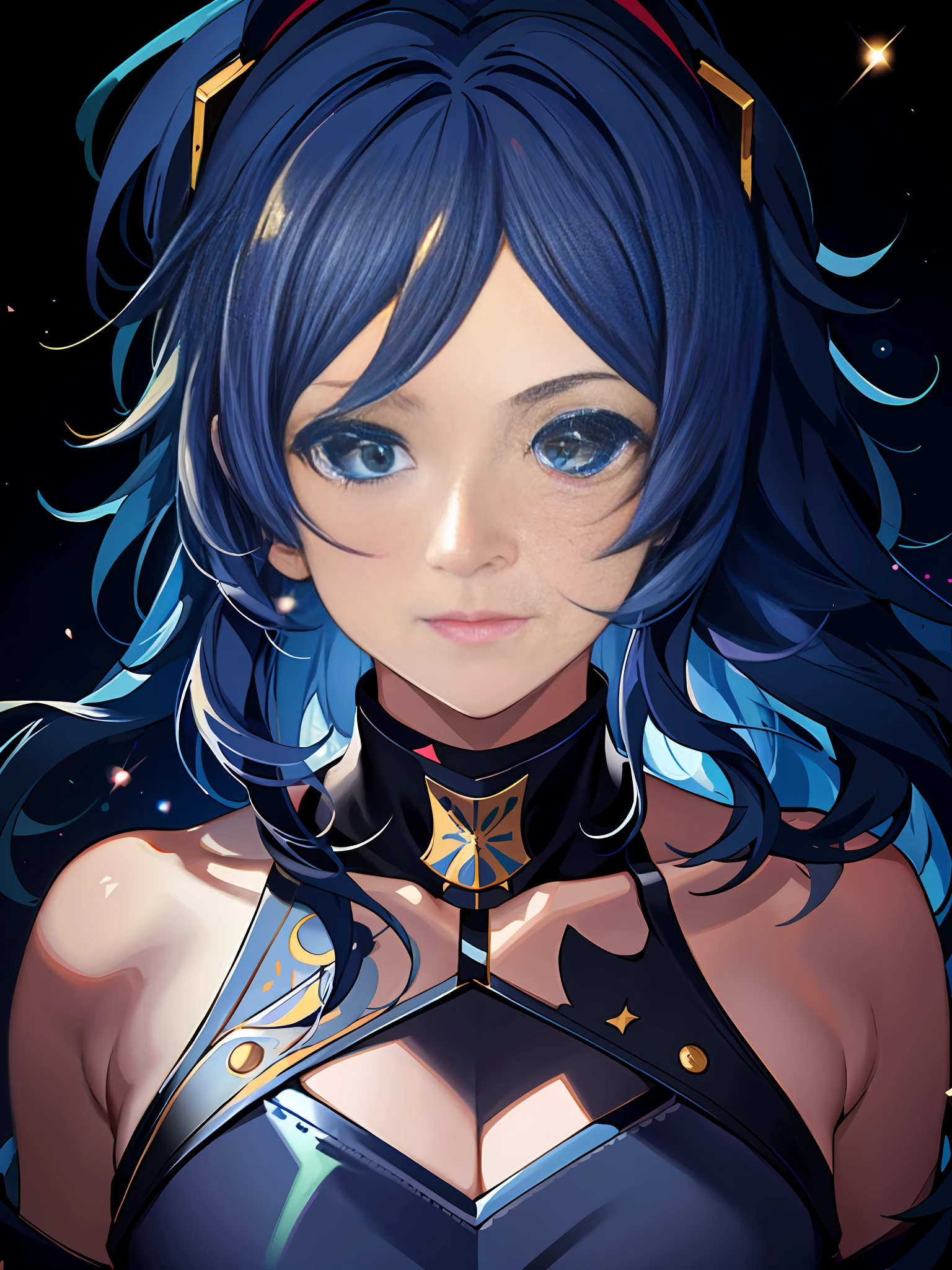 Anime girl posing with long hair and blue dress for camera,