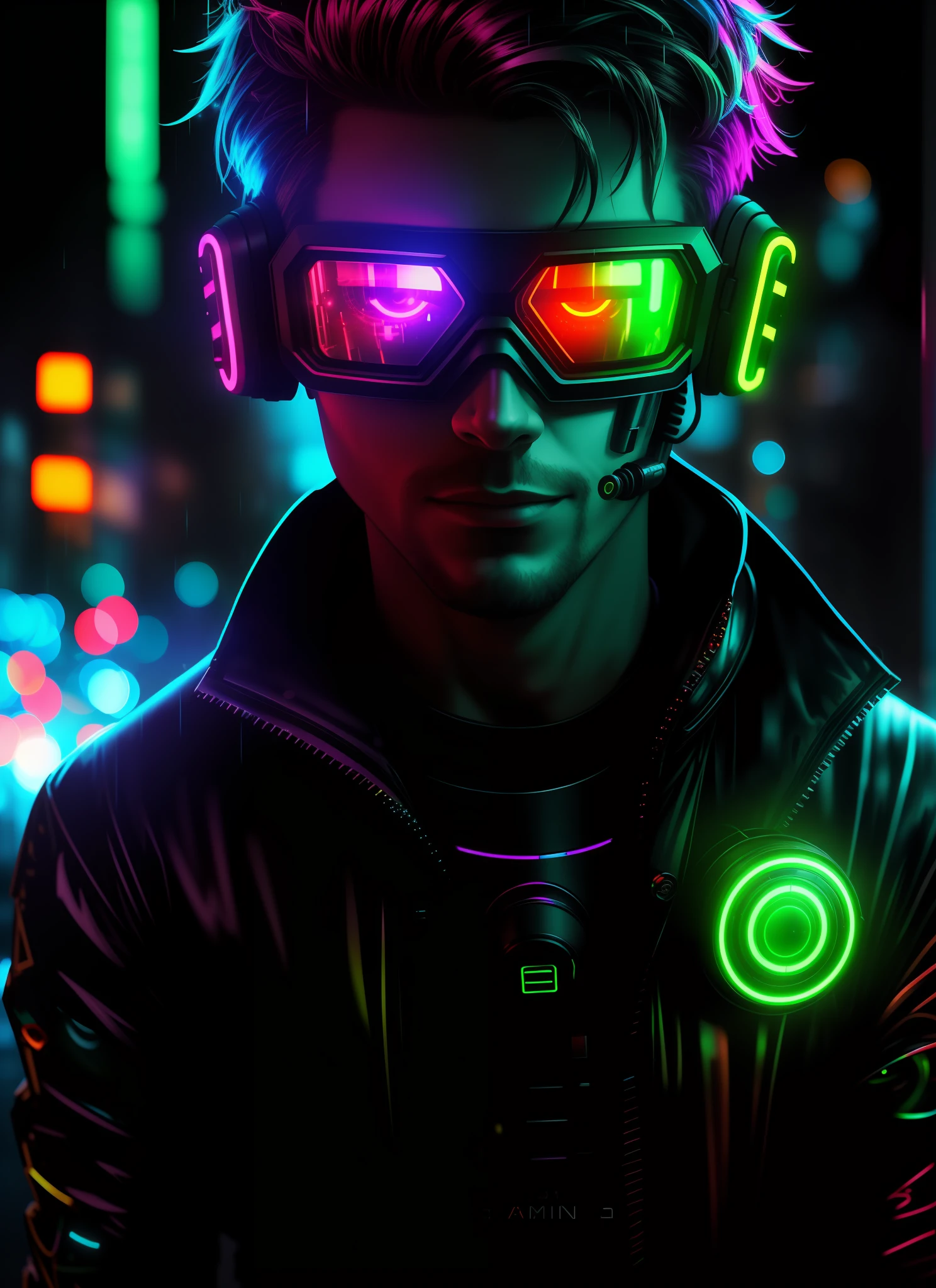 An award winning master piece photo of a cyborg man with psychedelic colors standing in a city street at night in the rain, wearing neon-colored glowing goggles, 8k, (high quality:1.1), (cinematic feeling:1.1), dark deep shadows, incredibly intricate detailing, art , (up close:1.1), from above, looking at viewer, (light sparkles:1.1), (chromatic aberration,:1.2) background with floating light artifacts