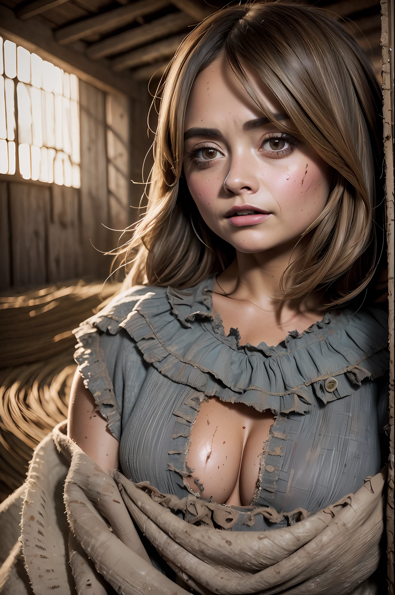 ((Jenna Coleman)), frightened woman in the hayloft, hay bales everywhere, helpless, (seer slim figure), ((torn dirty dress)), (gray dress), (cotton dress), (covered by dirt), sad look, sad big eyes, tear-filled eyes, ((detailed realistic face and eyes)), cinematic lighting, 8K resolution, (model shooting style)