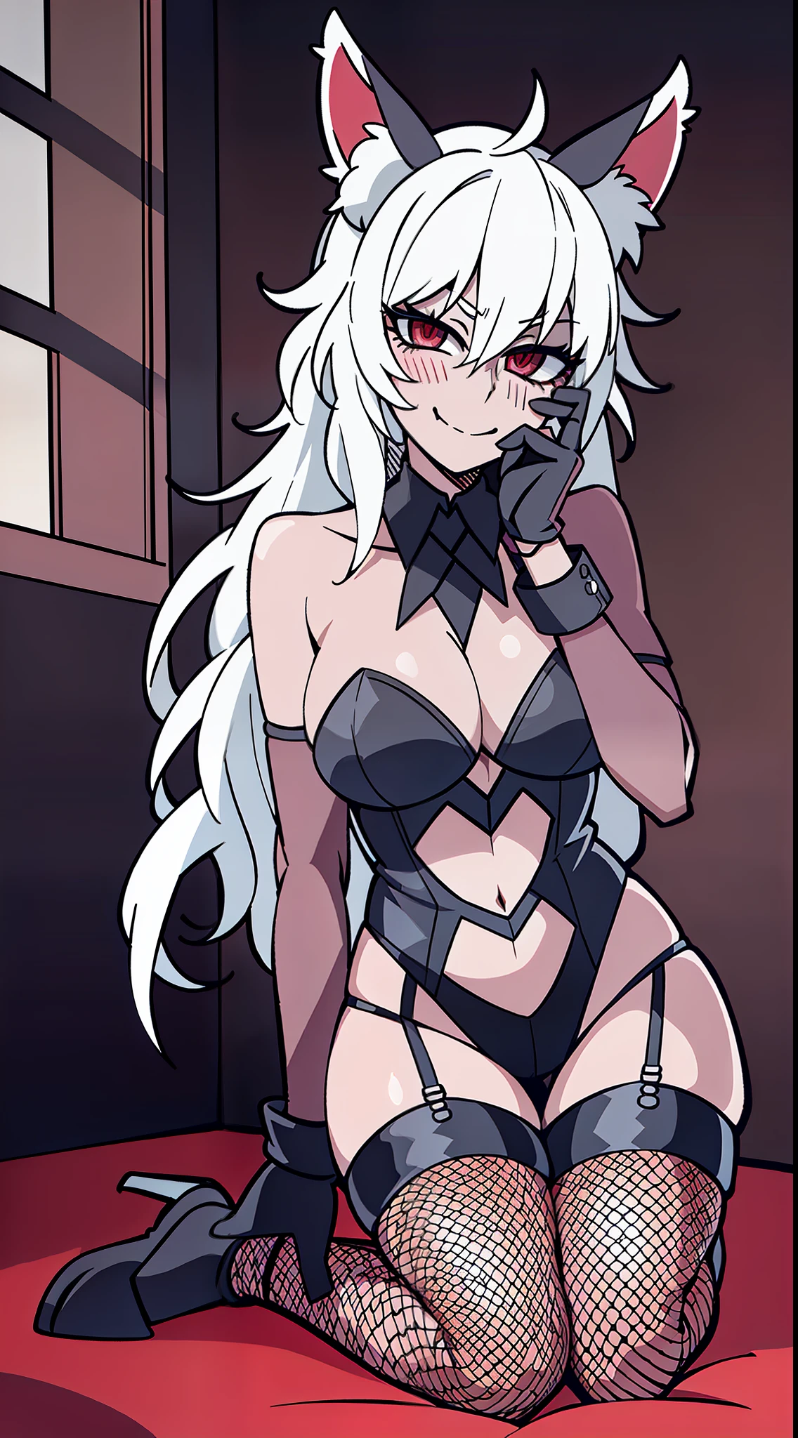 1girl, look at viewer, cute, big breast, black leotard, Fox ears, Fox tail, Fishnet stockings, full body, embarrassed smile, half-closed eyes, Helltaker, detailed lighting, detailed body, detailed hair, detailed, masterpiece, long hair, white hair, red eyes, glowing eyes, night, kneeling, bedroom, covering her face,blushed