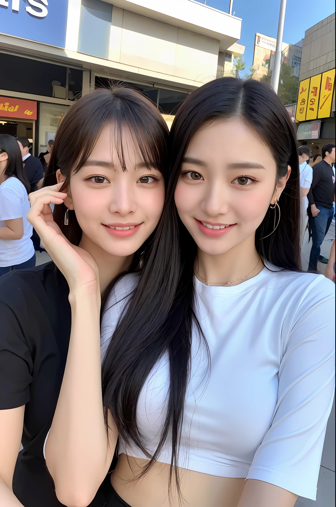 (8k, RAW photos, top quality, masterpiece: 1.2), ultra detailed, super resolution, (real, real photos: 1.37), portraits, high definition RAW color photos, professional photos, very detailed and beautiful, highly detailed, 8k wallpapers, amazing details, huge file size, official art, highly detailed CG Unity 8k wallpapers, highly detailed beautiful girls, highly detailed facesHighly detailed eyes, highly detailed skin, highly detailed fingers, Highly detailed nose, Highly detailed mouth, Perfect anatomy, Highly detailed background, Highly detailed clothing, One Girl, (18:1.2), teen, cute girl, famous Japan idol, cute, realistic body, petite, white skin, radiant skin, slim body, handsome body, black hair, ponytail high position, smile, cute, youthful, pretty face, realistic face, delicate eyes, sagging eyes, white t-shirt, skirt, earrings, camera gaze, cowboy shot, front-facing, standing, contrappost, high street, public, crowd, dynamic lighting, very big,