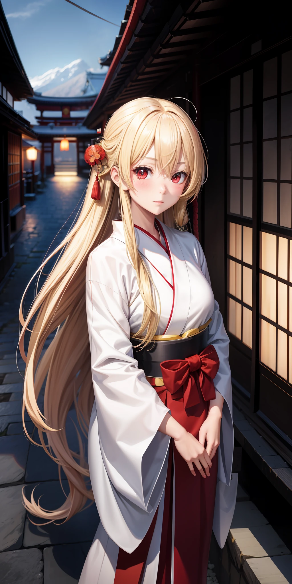 anime, one girl, blonde, long hair, red eyes, kamimeki, blush, white kimono, red hakama, holding a banban, kyoto, kyoto,