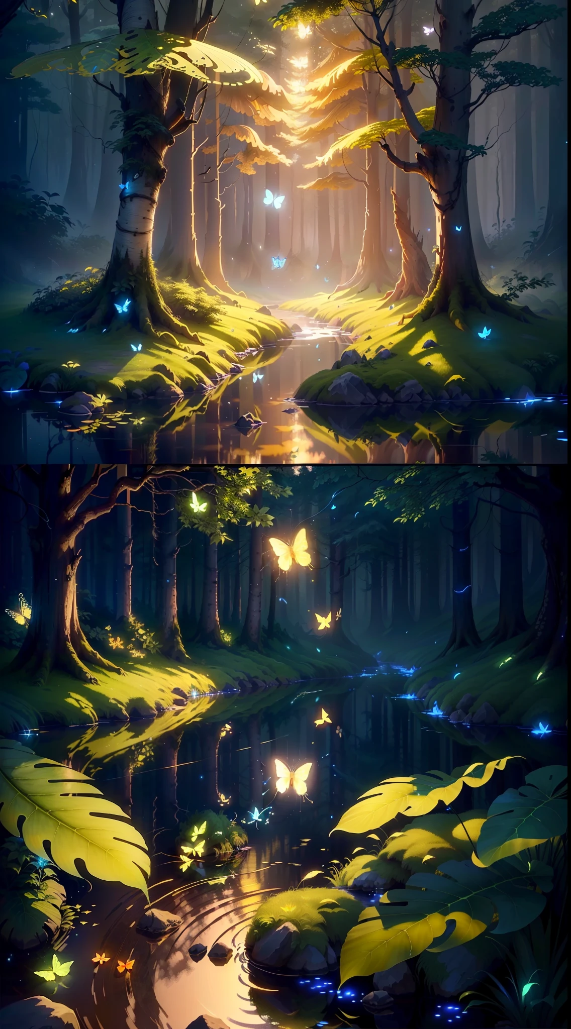 A masterpiece, the best quality, stunning reflections, the best reflections ever. (very detailed CG unity 8k wallpapers), (best quality), (best illustrations), (best shadows), forest theme with natural elements. Tall trees, quiet streams, small glowing mushrooms surrounded by delicate leaves and branches, with fireflies and glowing particle effects,, (natural elements), (jungle theme), (leaves), (twigs), (fireflies), butterflies, (delicate leaves), (glow), (particle effects). , Isometric 3D, Octane Rendering, Ray Traced, Super Detailed