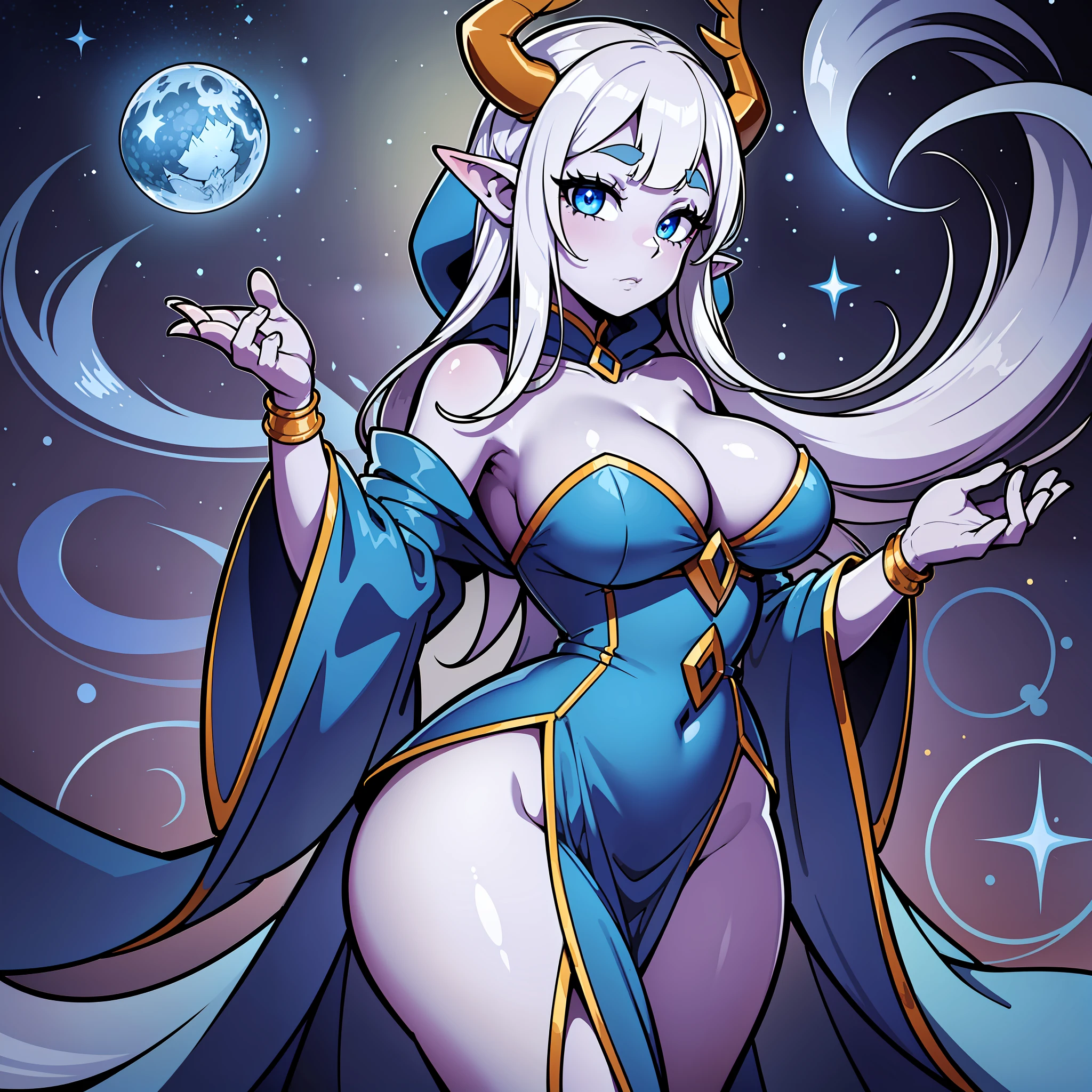 Elf ears, pointed ears, ((robe)), ((hood up)), ((hood with antlers)), Mysterious, Enigmatic, Otherworldly, Solitary, Sage, Lunar being, Moonlight, Silver-white hair, Shimmering blue and silver ribbons, Moonlit night, Reflective eyes, Deep wisdom, Melancholy, Slender, Graceful, Pale luminescence, Moonlight glow, Silver-white hair, Shimmering blue and silver ribbons, Reflective eyes, Silvery-blue glow, Moonlit night, Flowing gown, Phases of the moon, Dark blue, Deep purple, Silver and gold celestial patterns, Stars, Moons, Constellations, High collar, Hood, Silver amulet, Delicate chain, lantern, Moon, Gentle source of light, Silver rings, Moonstones, ((1girl)), ((simple background)), ((colored background)), wide hips, full body, ((pin up)), ((big butt)), ((big eyes)), ((colored skin)), ((droopy breasts)), ((robes))