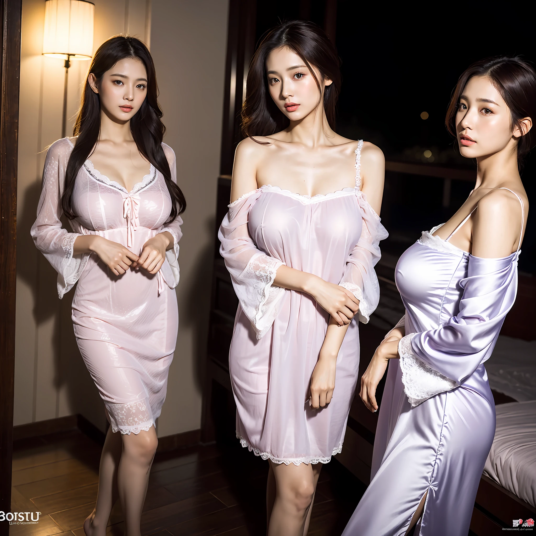 masterpiece, best quality, ultra high res, (photorealistic:1.4), detailed beautiful face, detailed clothes, A stunning trio japanese woman with an slim figure, embrace each other, (gigantic bosom:1.4), in night gown wearing