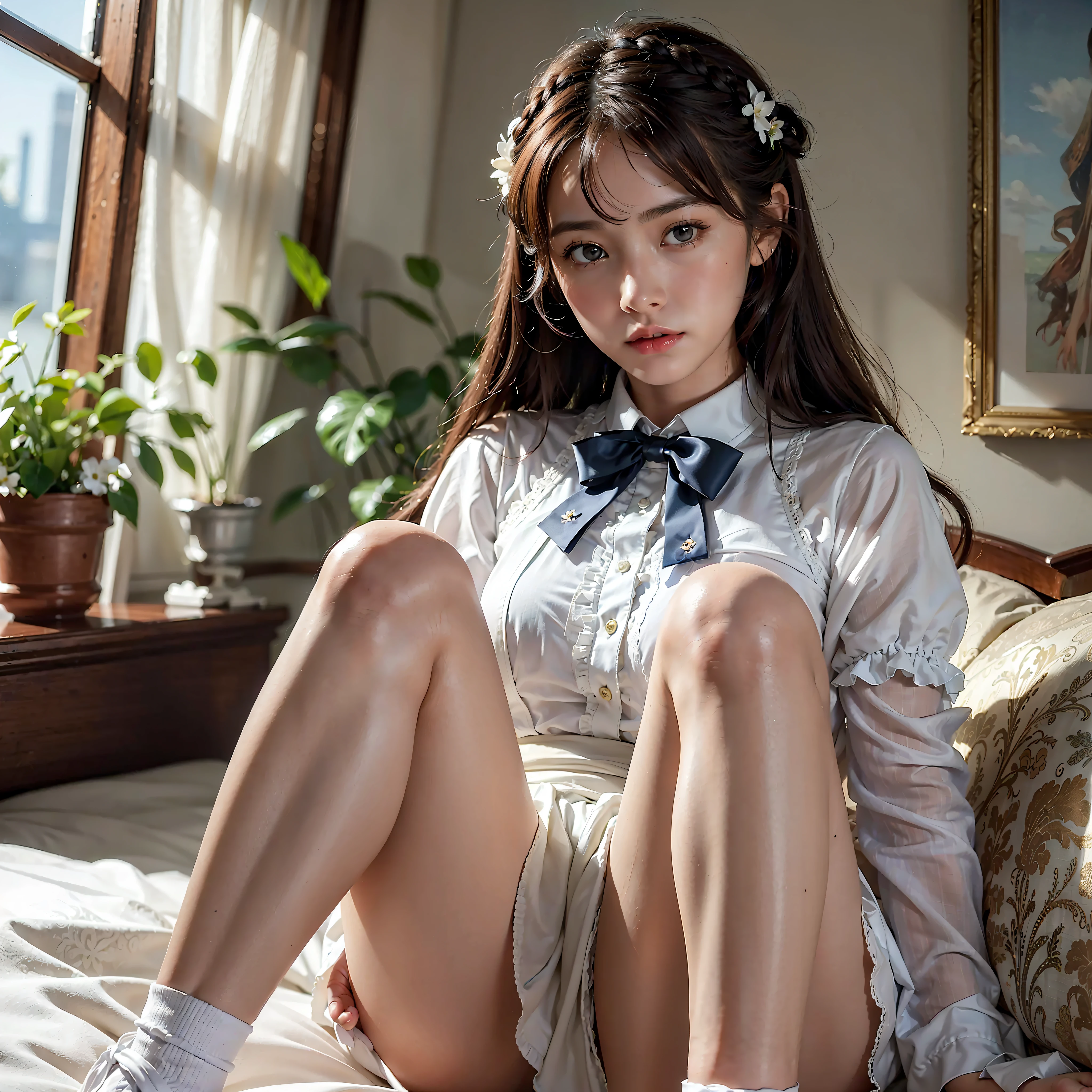 High Quality, Masterpiece, Highly Detailed, High Resolution, 4K, Ultra High Definition, Detailed Shadows, Ultra Realistic, Dramatic Lighting, 1girl, Solo, Detailed Face, Realistic Eyes, Realistic Skin, Dynamic Hair, Dynamic Pose, Dynamic Angle, White Flower Dress, White Background, ulzzang-6500-v1.1, (raw Photo:1.2), ( photorealistic:1.4), beautiful detailed girl, very detailed eyes and face, beautiful detailed eyes, ridiculous, incredibly ridiculous, huge file size, super detailed, high resolution, very detailed, best quality,
(Bright indoor), (soft light), (low contrast), (shallow depth of field), (portrait of a beautiful woman illuminated by gentle light), (extremely delicate and elegant depiction), (short length bangs), (hair color is a dark chestnut shade with a slight brown tone), (hair with a subtle and gentle wave), (small braids intricately woven on the side of long hair), (adorned with a thin ribbon), ( white blouse with small frills), (bow tie), (blue long skirt), (white short ankle socks), illustration, very detailed, CG, unified, 8k wallpaper, amazing, fine detail, best quality, Very detailed CG unified 8k wallpaper, face light, movie lighting, 1girl, , ((no panties)), ((dynamic pose))), (camel toe), (half), (bent knees and legs sitting))