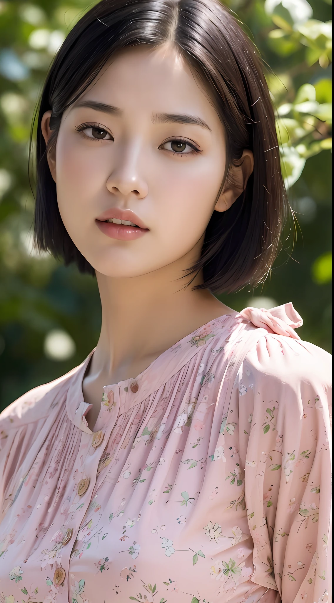 (high resolution:1.3), (8k, photorealistic, RAW photo, best quality: 1.4), japanese, (1girl), beautiful face, (realistic face), (black hair, short hair:1.3), beautiful hairstyle, realistic eyes, beautiful detailed eyes, (realistic skin), beautiful skin, attractive, ultra high res, ultra realistic, highly detailed, golden ratio, outdoors,windy,from below, pink floral print blouse