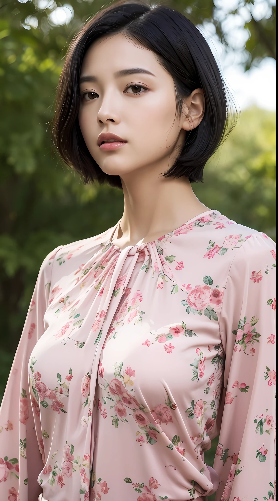 (high resolution:1.3), (8k, photorealistic, RAW photo, best quality: 1.4), japanese, (1girl), beautiful face, (realistic face), (black hair, short hair:1.3), beautiful hairstyle, realistic eyes, beautiful detailed eyes, (realistic skin), beautiful skin, attractive, ultra high res, ultra realistic, highly detailed, golden ratio, outdoors,windy,from below, pink floral print blouse