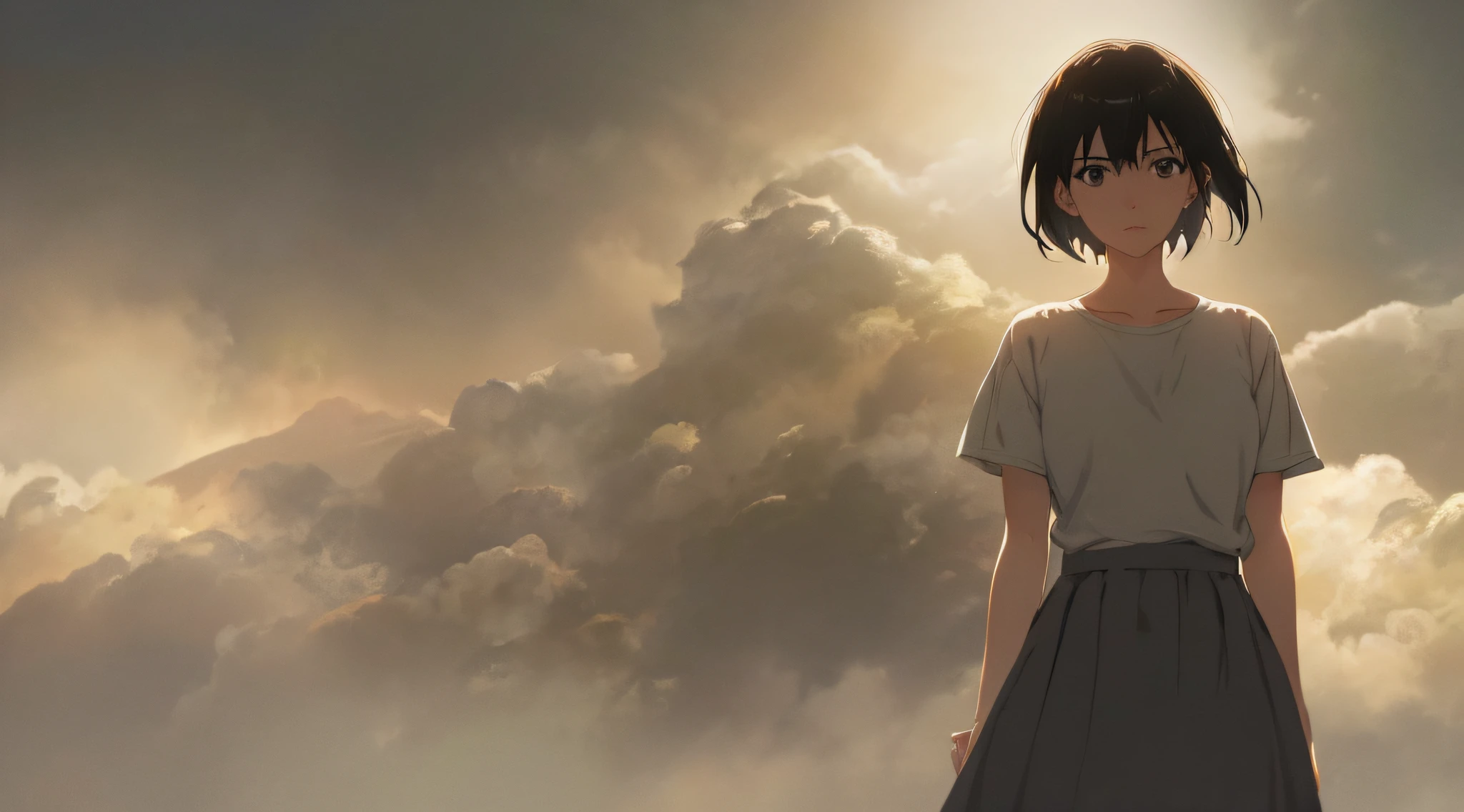 Very detailed and precise anime style illustration, very beautiful young woman, solo, brown short hair, wearing gray shirt, gray long skirt, perfect round gray eyes, fantastic scene with thick fog. Dramatic iridescent lighting, bold composition, Makoto Shinkai anime style.
