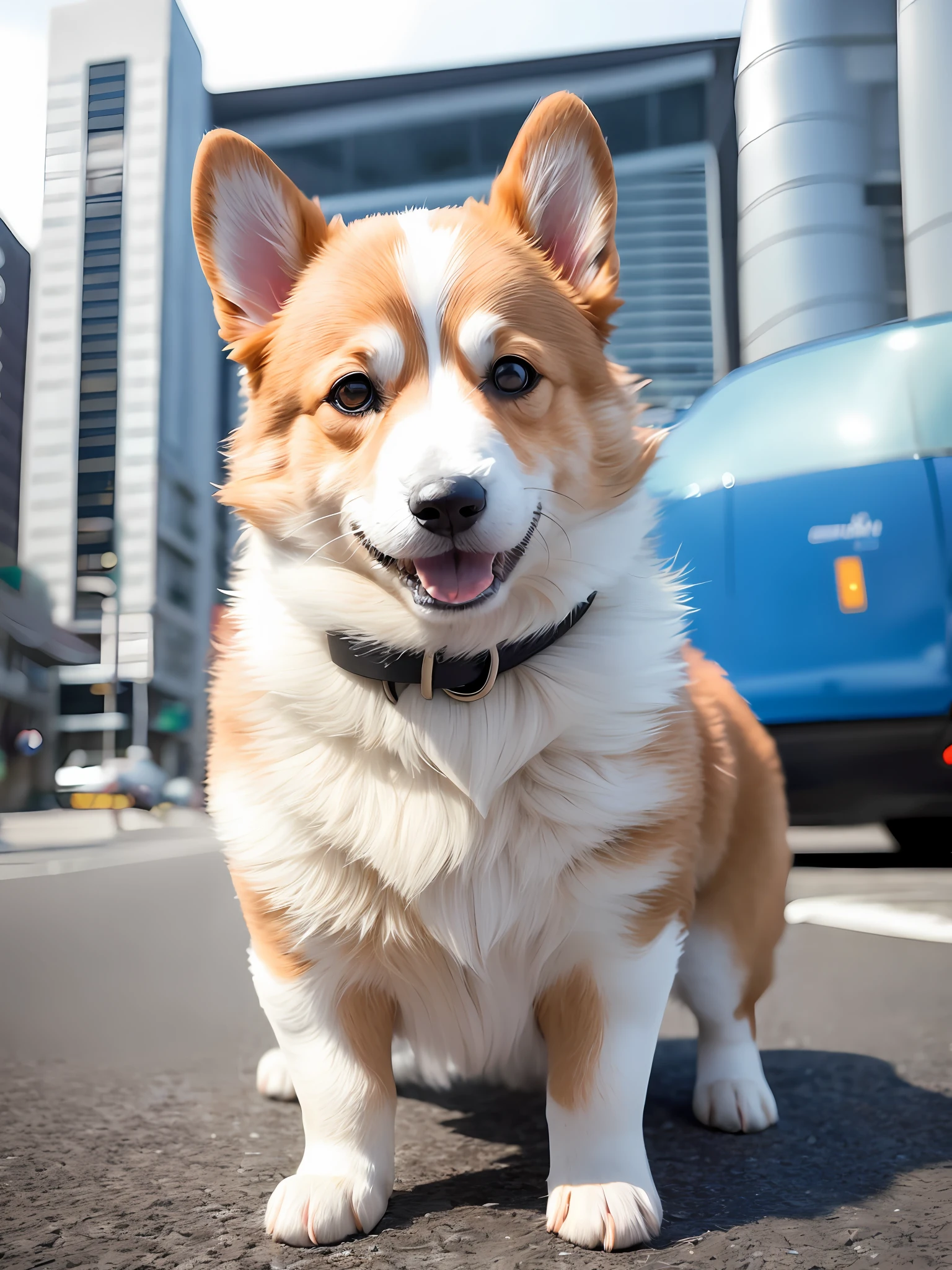 A corgi dog stands on the street of the science fiction world, the dog raises its head and looks cold, high-quality dog head, high-quality eyes, high-quality fur texture, futuristic architecture, clear background