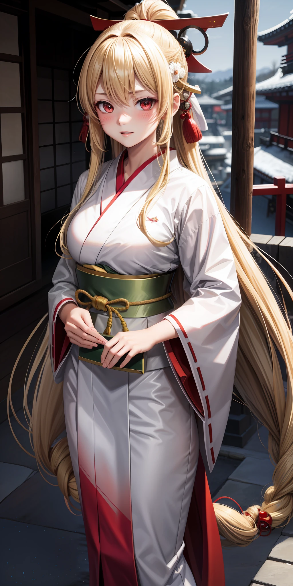 anime, 1 girl, blonde, long hair, red eyes, kamimeki, blush, white kimono, red hakama, banbanza, kyoto