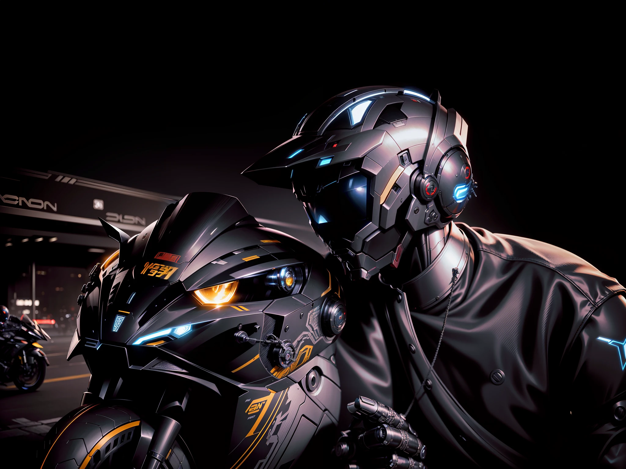 Cyber Iron Man and Cyber Mechanical Motorcycle, Exquisite Black Tech Helmet, Nousr, Biomechanics, MSHN Robot Man, Tech Helmet, Hyperreal, Steel, Intricate Design, Crazy Details, Fine Details, Extremely Clear Lines, Cinematic Lighting, Photo Realisticity, Detailed Masterpiece