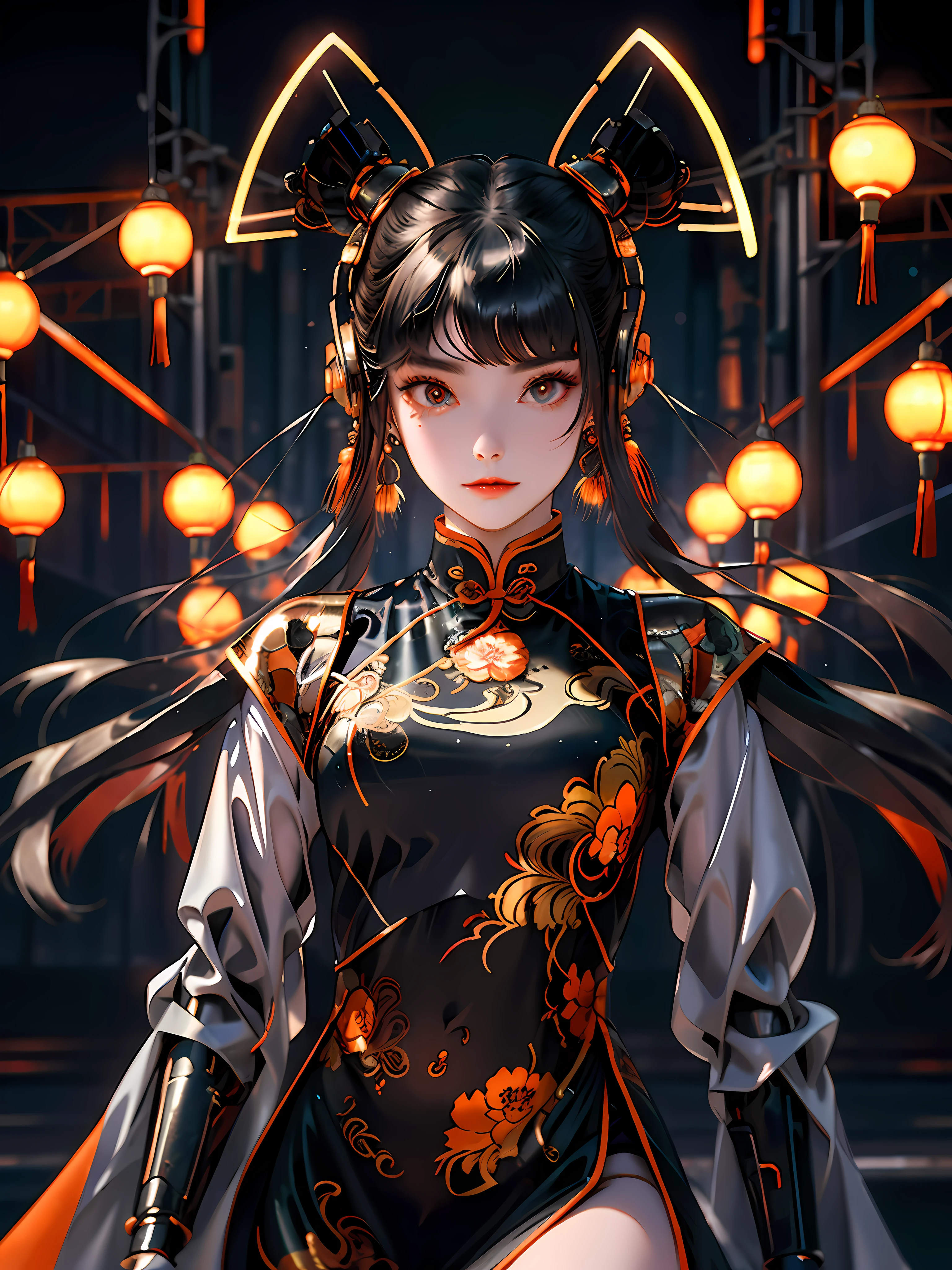 1 girl, Chinese_clothes, metallic black titanium and orange, cyberhan, cheongsam, cyberpunk city, dynamic pose, detailed luminous headphones, glowing hair accessories, long hair, luminous earrings, glowing necklace, cyberpunk, high-tech city, full of mechanical and futuristic elements, futurism, technology, glowing neon, orange, orange light, fluorescent orange, skirt, cape, coat, laser, digital background, urban sky, big moon, with vehicle, best quality, masterpiece, 8K, Character edge light, super high detail, high quality, the most beautiful woman in human beings, slight smile, face facing front left and right symmetry, ear decoration, beautiful pupils, light effects, visual data, pick and dye orange, dye hair, super detail facial texture, happy and proud, weapon system, mecha style, crowded street passers-by, full body in camera, infinite zoom, super light and shadow, various poses, long hair flowing, glowing boots