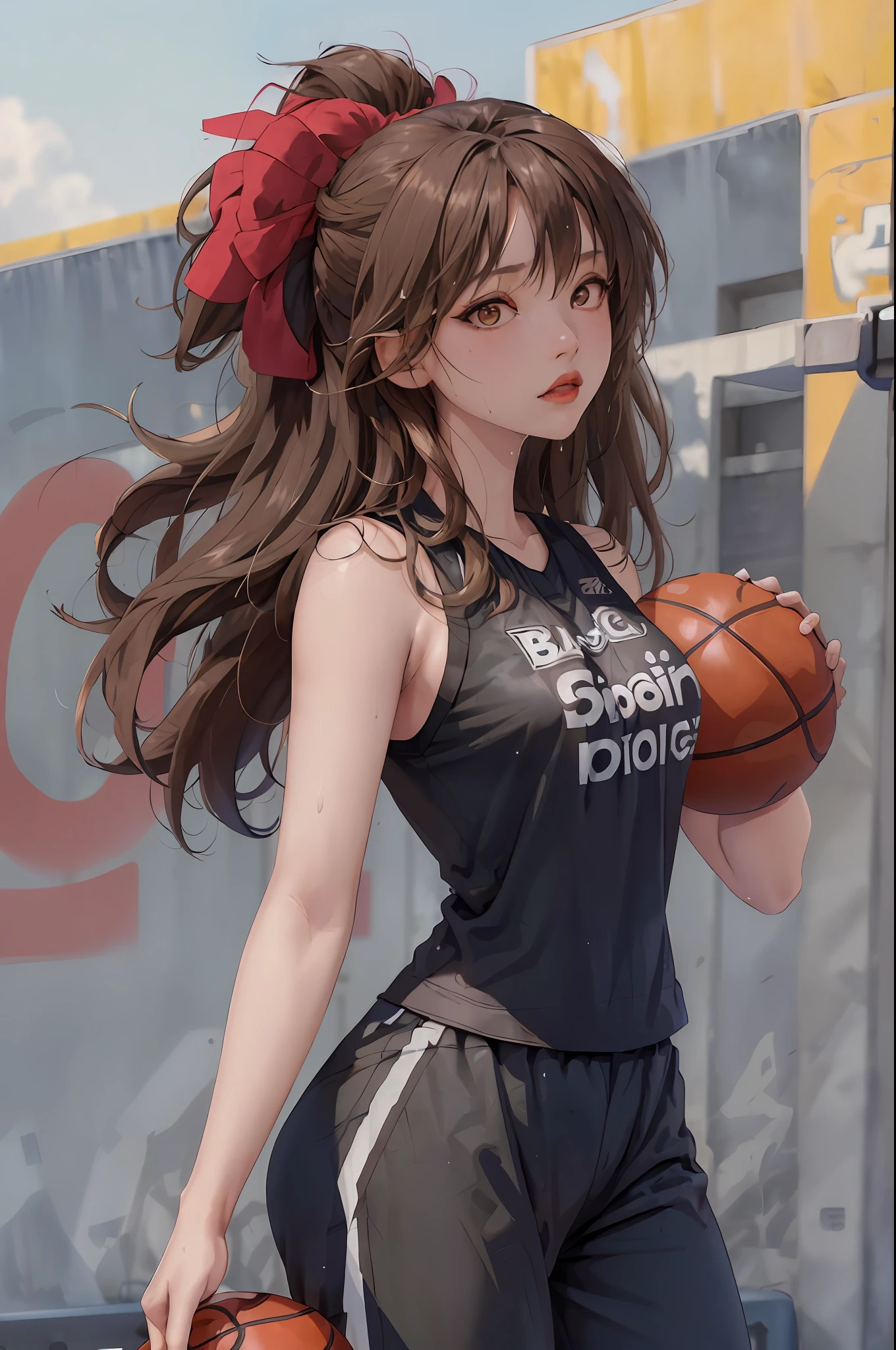 Masterpiece: 1.2, best quality), realistic, (real picture, rich details details, depth of field), (1girl, solo), makeup, cleft lip, high detail, perfect face shape, (small breasts: 1.4), (skindentation), thick thighs, Wide hips, thin waist, tall, coral, red lips, red eyes, ponytail, ((((basketball girl, black basketball suit, mid-length pants))), (sweat: 1.2), (wet), sexy, blushing, sweaty