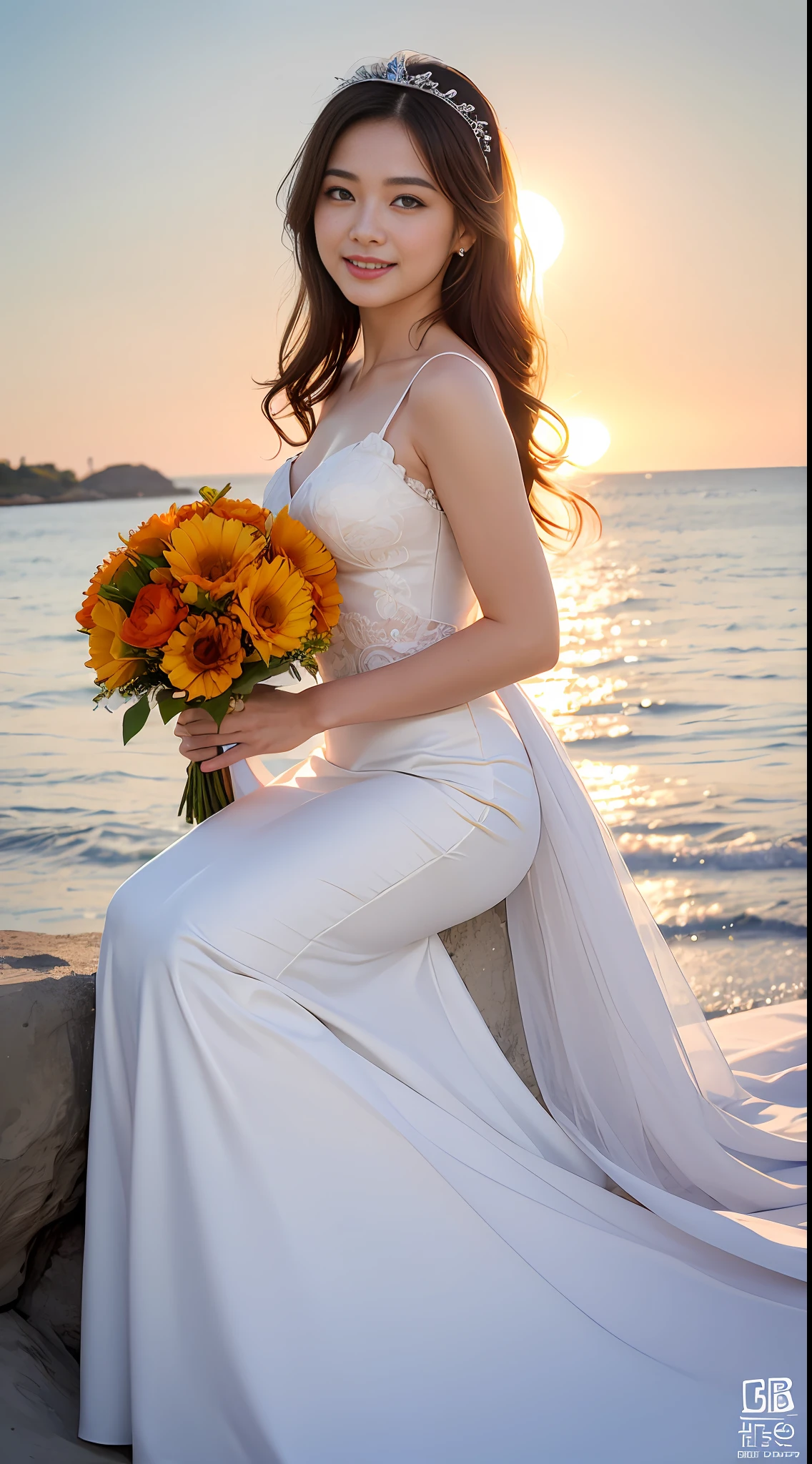 ((top quality, 8k, masterpiece: 1.3)), 1 girl, beautiful woman with emphasized plump abs: 1.3, (long hair, small: 1.2), bride, bride hairstyle, veil, hair ornament, super delicate face, delicate eyes, double eyelids, smile, beach, white wedding dress, mermaid line dress, beach, orange flower bouquet on hand, sun, top quality, face focus, soft light, (depth of field), ultra high resolution, (photoreal: 1.4), RAW photos, (from the side: 1.2), one Japan girl sitting, solo, cute, (shy, smile: 1.1), (brown eyes), detailed beautiful face, (midi hair), less skin exposed, pretty high