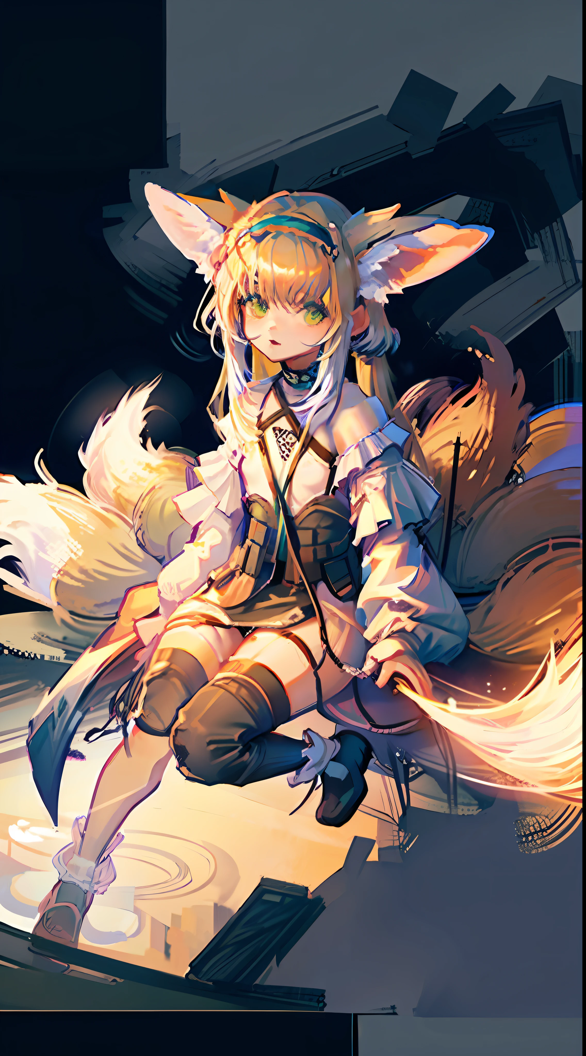 Fox Maiden, Ark of Tomorrow, (Masterpiece, Top Quality, Best Quality, Beauty and Aesthetics: 1.5), (1 Girl: 1.1), Glowing Eyes, Extreme Detail, (Color: 1.1), (Color Background 1:1), (#ff311f: 1.5), (#f08432: 1.2), Supreme Detail, Fire: 1.2, Flowers: 1.2, Masterpiece, 8K