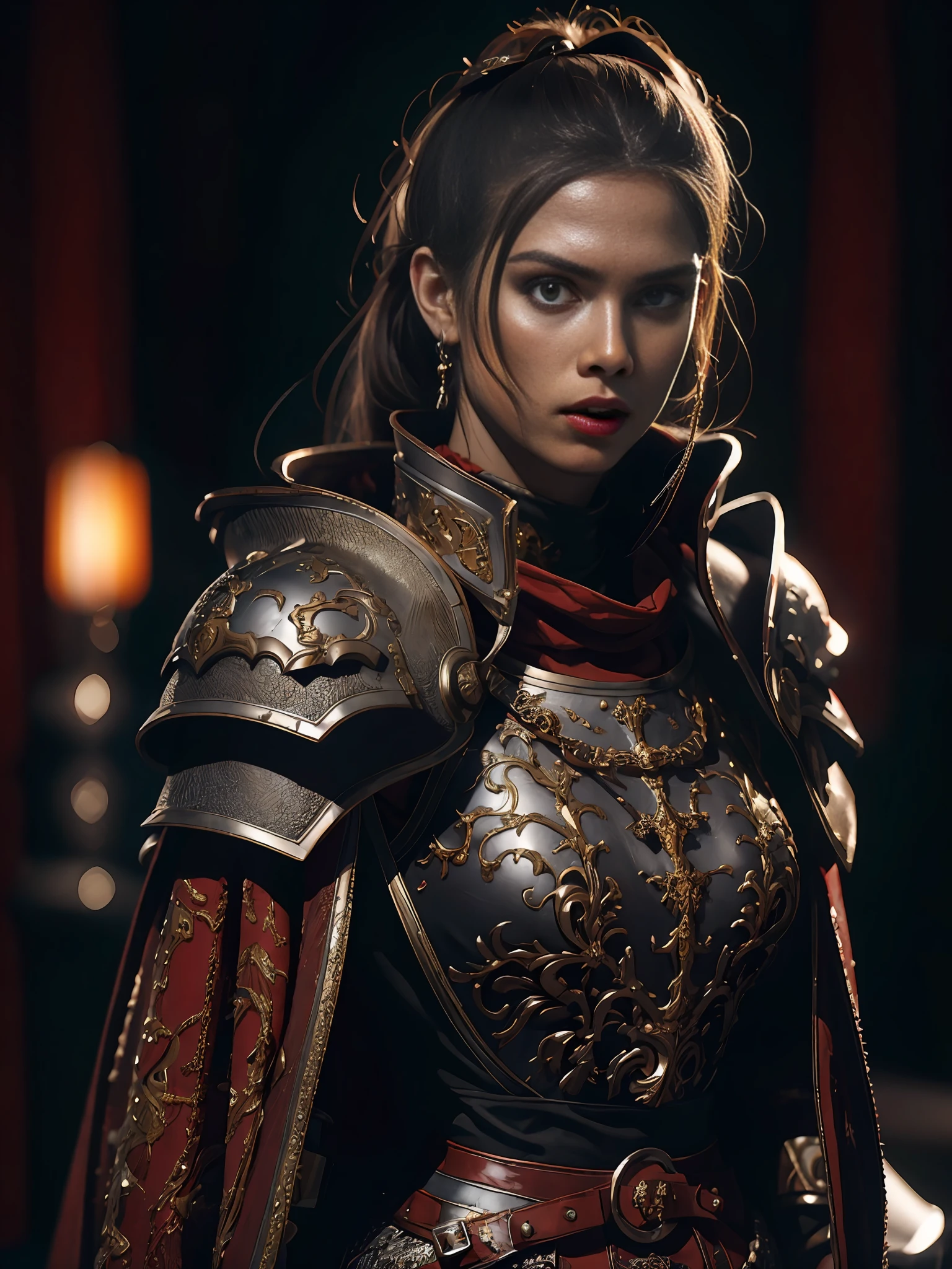 1girl, solo, female roman warrior with red helmet and cape, long black hair, angry, extremely beautiful girl, subtle makeup, silver hour, photorealistic, high contrast, 8k HD, detailed, hyper-detailed, realistic skin texture, blonde hair, huge chest, neckline, best quality, ultra high res, raw photo, dramatic lighting, unreal engine, intricate diffuse glow and silver tab, black cape, battlefield,  Standing