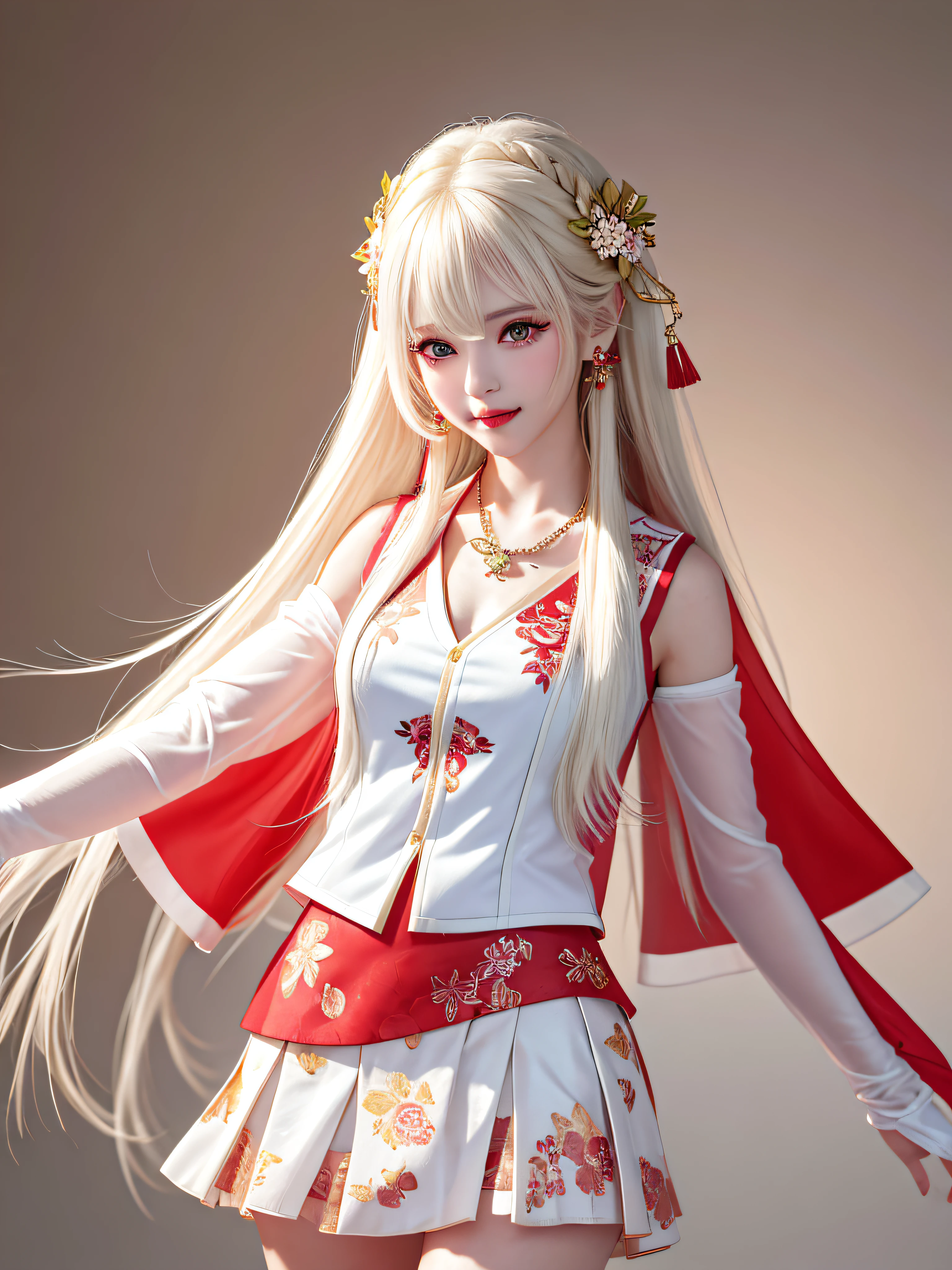 Female Teacher Standing in Classroom v6, Necklace, Earrings, Full Body V6, (Long Golden White Hair), Translucent Clothes, Looking, Superb, Ultra High Definition, RAW Photography, Realism 1.25), (Bright Lip Gloss, Long Eyelashes, Smooth) Face, Bright Skin, Natural Shadows, Wide Light, Wide Light, Depth of Field, Strong Colors, Subtle Caustics: 0.8), Smile, (Big), V6 Japan, (( Translucent white background with red floral vest, mini skirt), no sleeves,