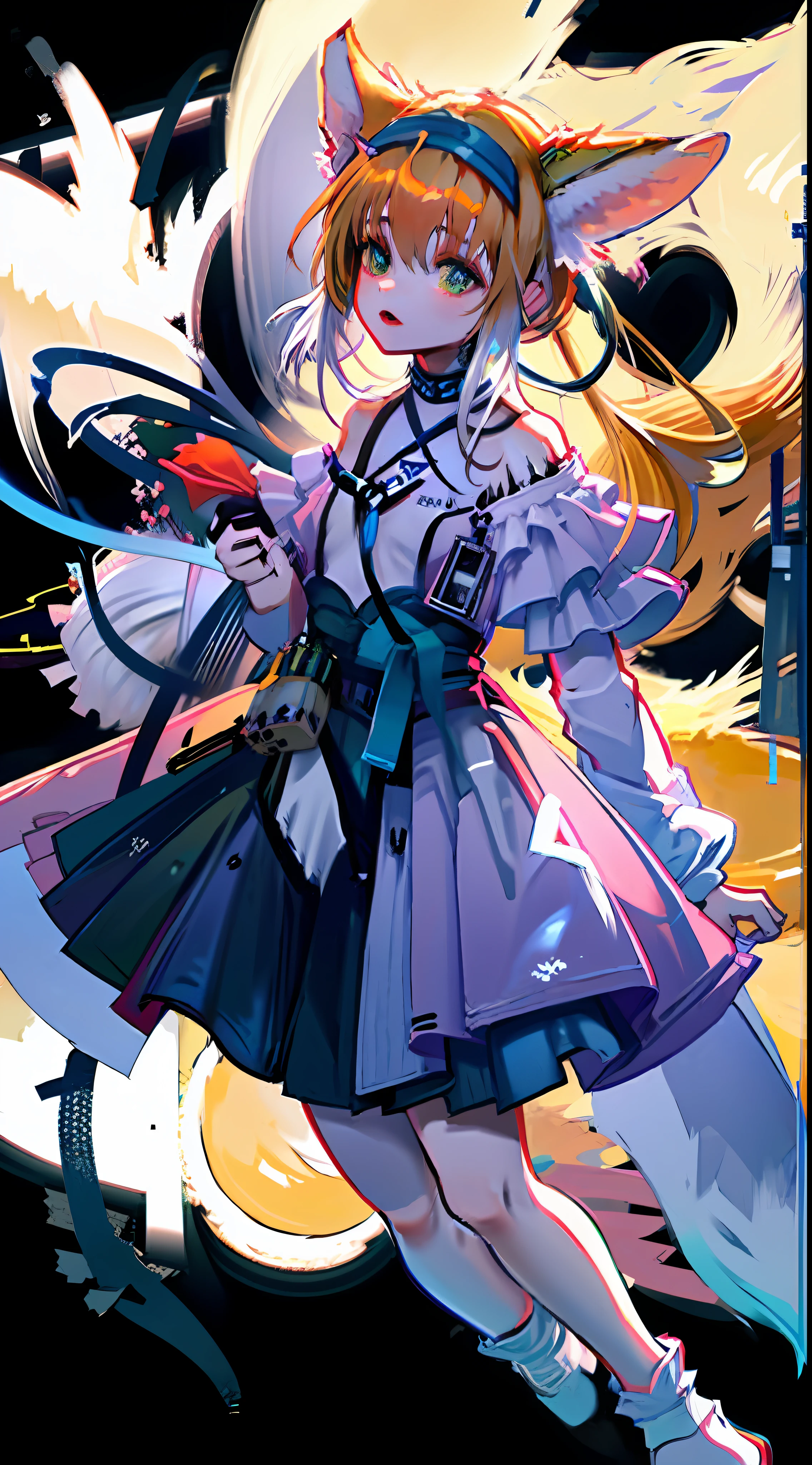 Fox Maiden, Ark of Tomorrow, (Masterpiece, Top Quality, Best Quality, Beauty and Aesthetics: 1.5), (1 Girl: 1.1), Glowing Eyes, Extreme Detail, (Color: 1.1), (Color Background 1:1), (#ff311f: 1.5), (#f08432: 1.2), Supreme Detail, Fire: 1.2, Flowers: 1.2, Masterpiece, 8K