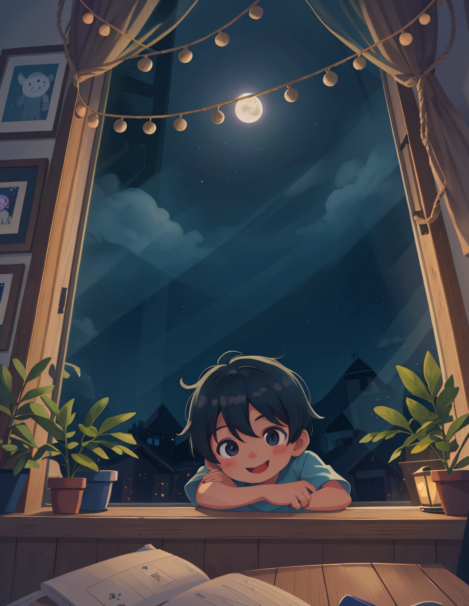 In a dark children's room a happy five-year-old boy looks out the window at the night sky outside, full moon (8k illustration), (Best quality) (Intricate details) (8K)