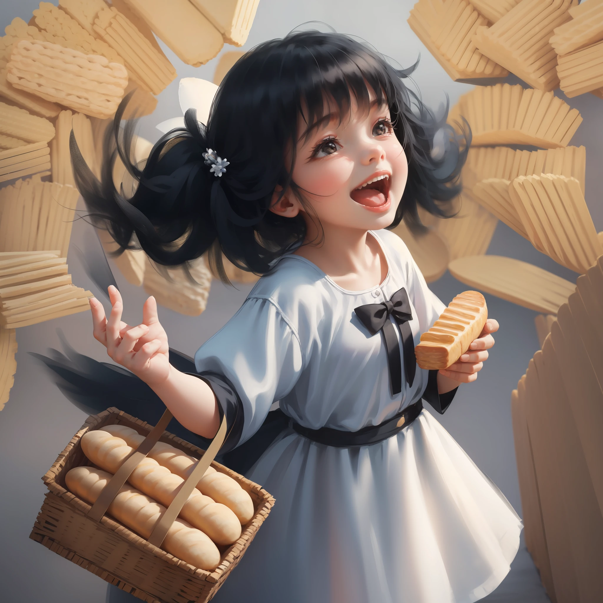 A , black hair, holding bread in hand, eating bread, very happy, laughing, sunny, cheerful, pure white background, Disney style --auto --s2