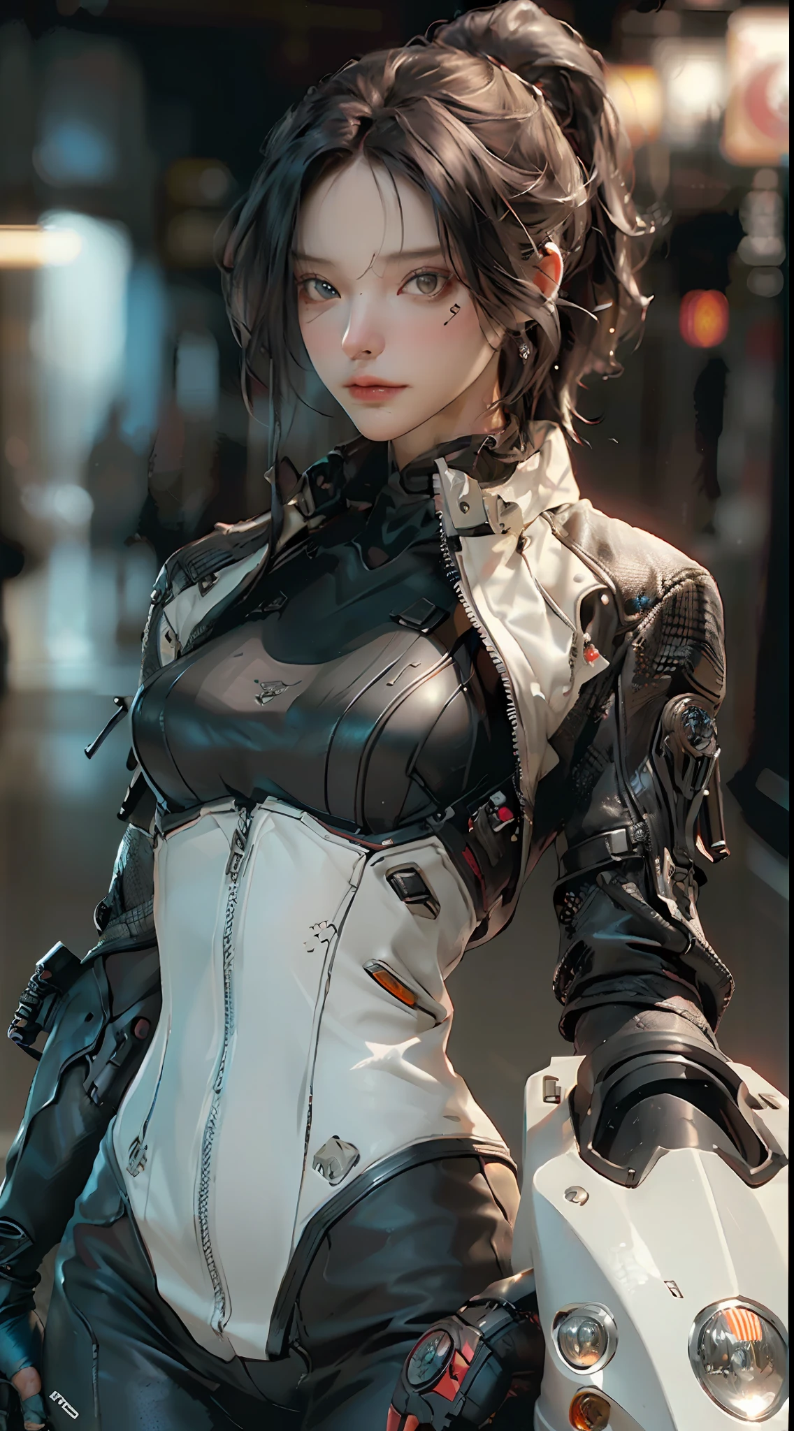 ((Best quality)), ((masterpiece)), (detailed:1.4), 3D, an image of a Johnwick cyberpunk style,johnwick stand beside harleydavidson motobike,background light board with PM Garage letter cyperpunk font,HDR (High Dynamic Range),Ray Tracing,NVIDIA RTX,Super-Resolution,Unreal 5,Subsurface scattering,PBR Texturing,Post-processing,Anisotropic Filtering,Depth-of-field,Maximum clarity and sharpness,Multi-layered textures,Albedo and Specular maps,Surface shading,Accurate simulation of light-material interaction,Perfect proportions,Octane Render,Two-tone lighting,Wide aperture,Low ISO,White balance,Rule of thirds,8K RAW,