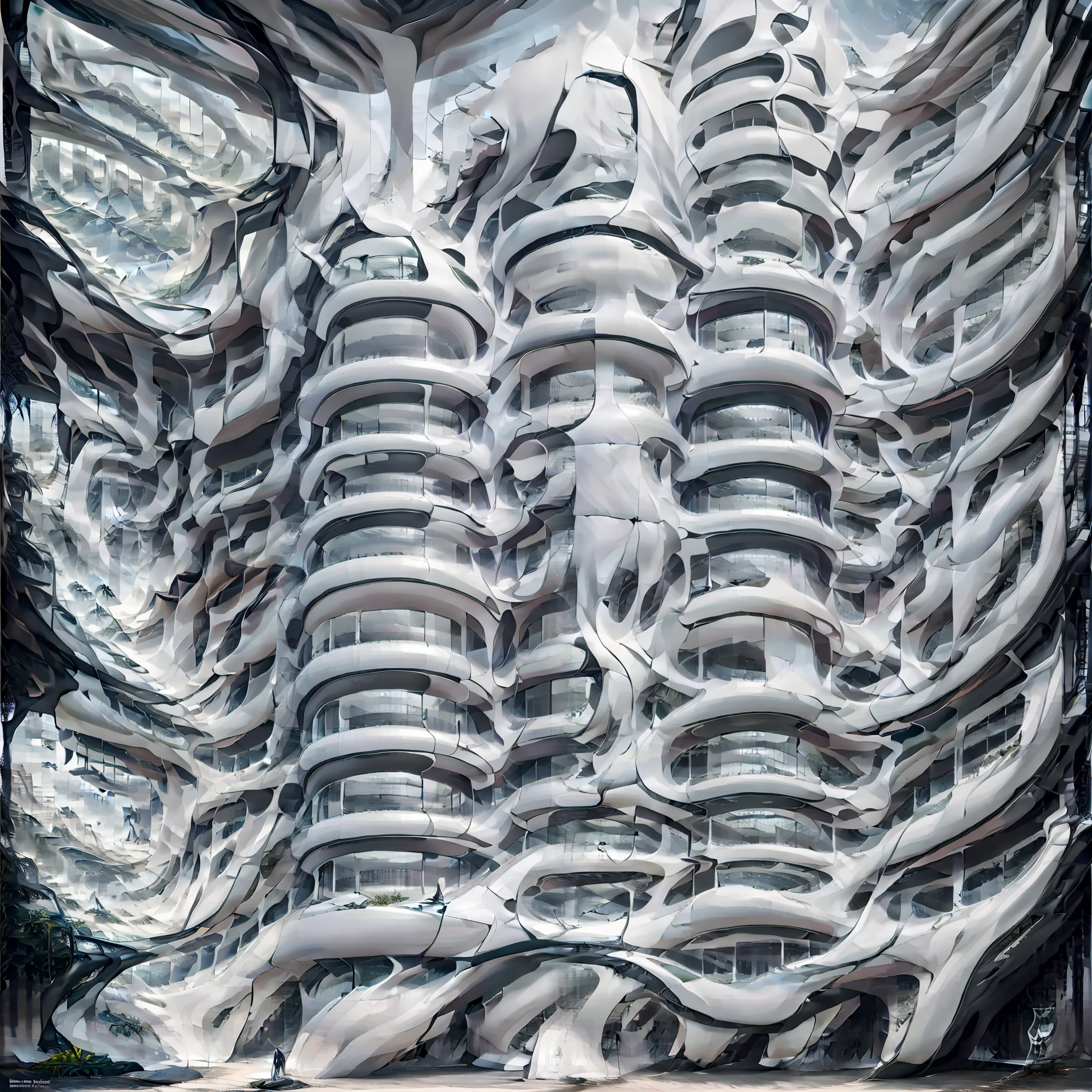 Airbrush drawing --v 5.1 style Futuristic design of an awesome sunny day environment concept art on a futuristic terrain with huge waterfalls,streams, mangroves,nature architecture, proportional,detailed,bright clouds, nature meets futuristic architecture by Santiago Calatrava and Vincent Callebaut with futuristic development, high rise made up staircases, balconies, full of composite glass facades, residential spaces carved from cliff side ,trending on artstation, beautiful lighting,In the style , fantasy, intricate, award winning, 4k, highest quality