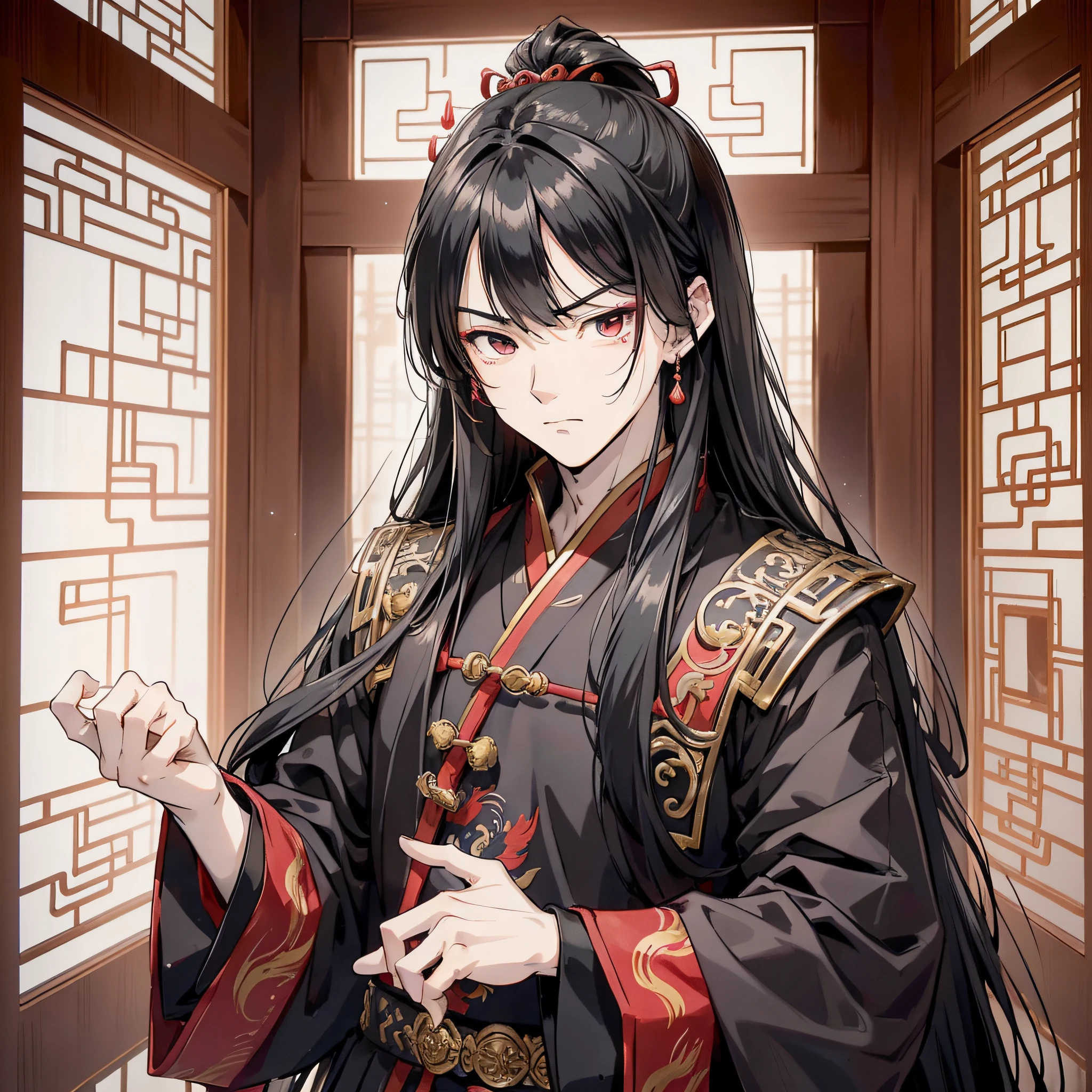 Ancient Chinese black long hair and about 18 years old anime young man wearing red wedding banquet Han costume, (frowning expression 1.5) (angry roar 1.2) (open mouth roar 1.5) (background is ancient Chinese room 1.5) anime style 4 K, anime rendering, anime style. 8k, handsome anime face, handsome costume boy (upper body display 1.5) (handsome boy 1.3) (movie level lighting 1.5)