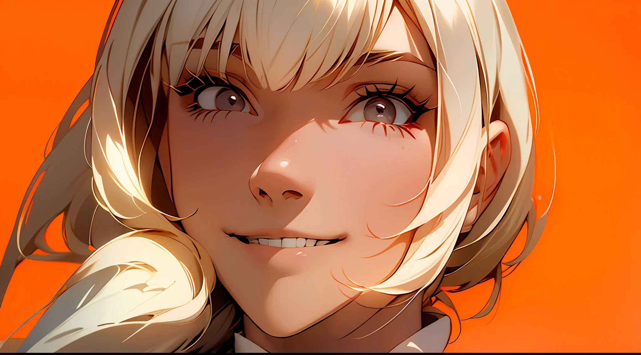 Man in fashion trend outfit, split bangs, gray eyes, smile, sunny, looking at the audience, horizontal perspective, 2/3 character canvas ratio, orange background, masterpiece, textured skin, high detail, best quality