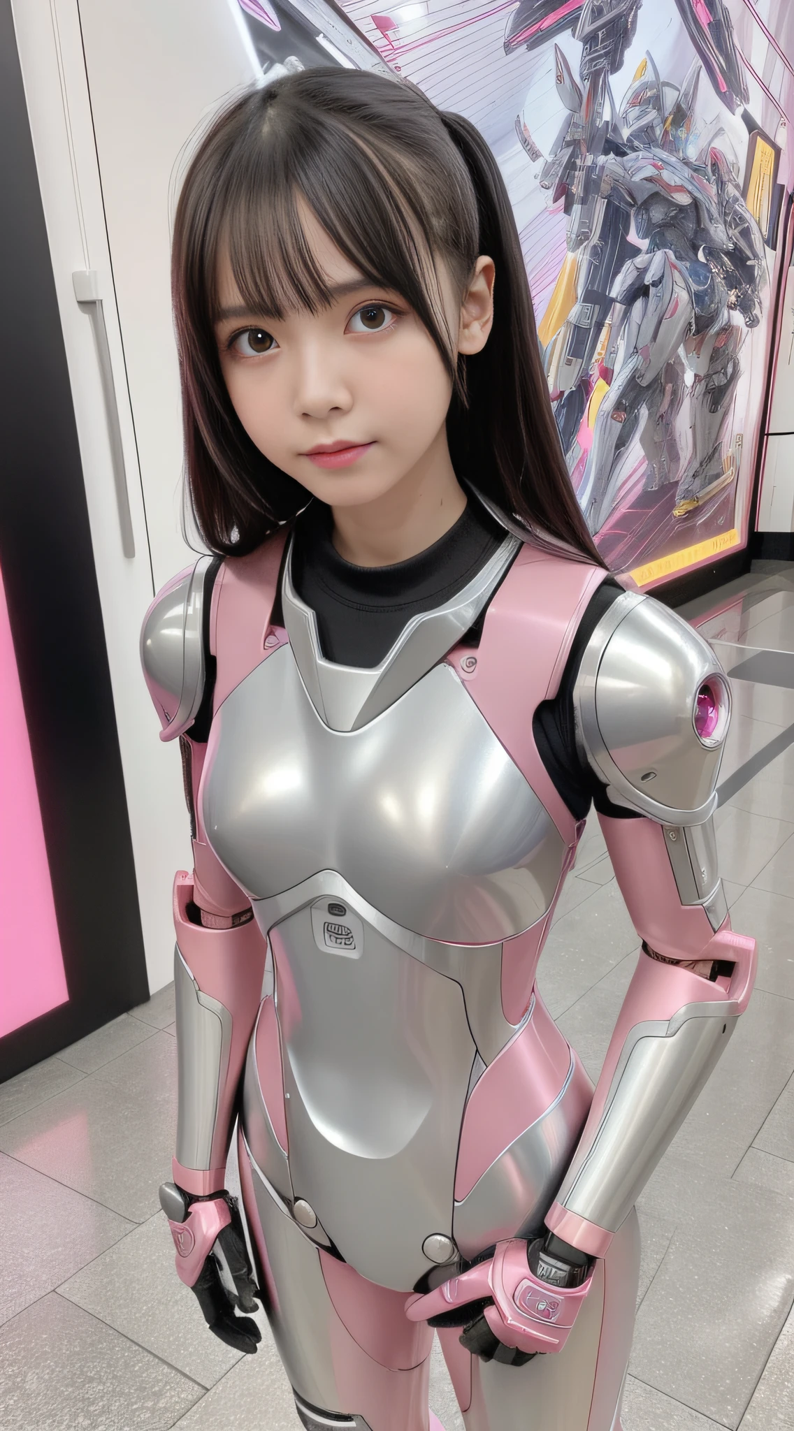 Mecha Girl, Pink, Silver, Metallic, Robot Parts, Metal Parts, Detailed Face, Top Quality, Small Face, Full Body, Standing, Black Hair, Half Twin, Thin, Camera Gaze, Internal Mecha Exposure, Idol, Live Action,, 7 Heads, Gravure, Photo Session, Akihabara, Moe, Front, Model Body Type