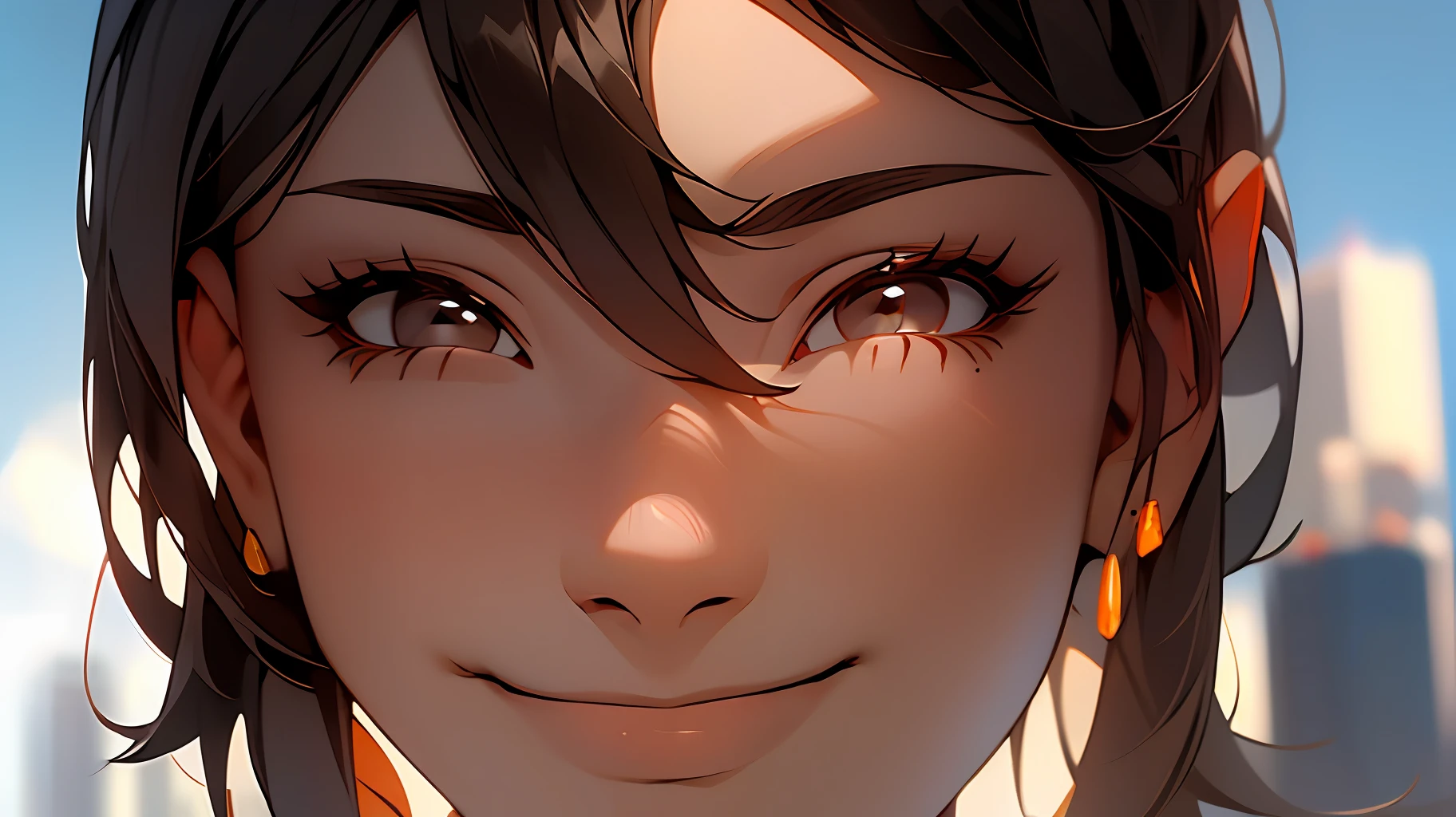 Man in fashion trend outfit, split bangs, gray eyes, smile, sunny, looking at viewer, horizontal perspective, centered, orange background, masterpiece, textured skin, high detail, best quality