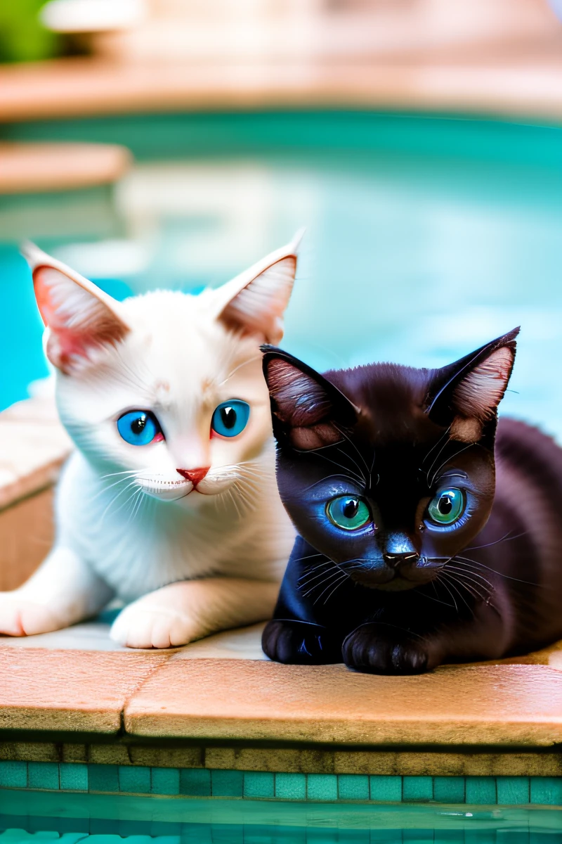 Hyper Quality,Cute two Siamese cats kitten,different colors,swimming in the pool,barking,narrow eyes,smile,eos r3 28mm