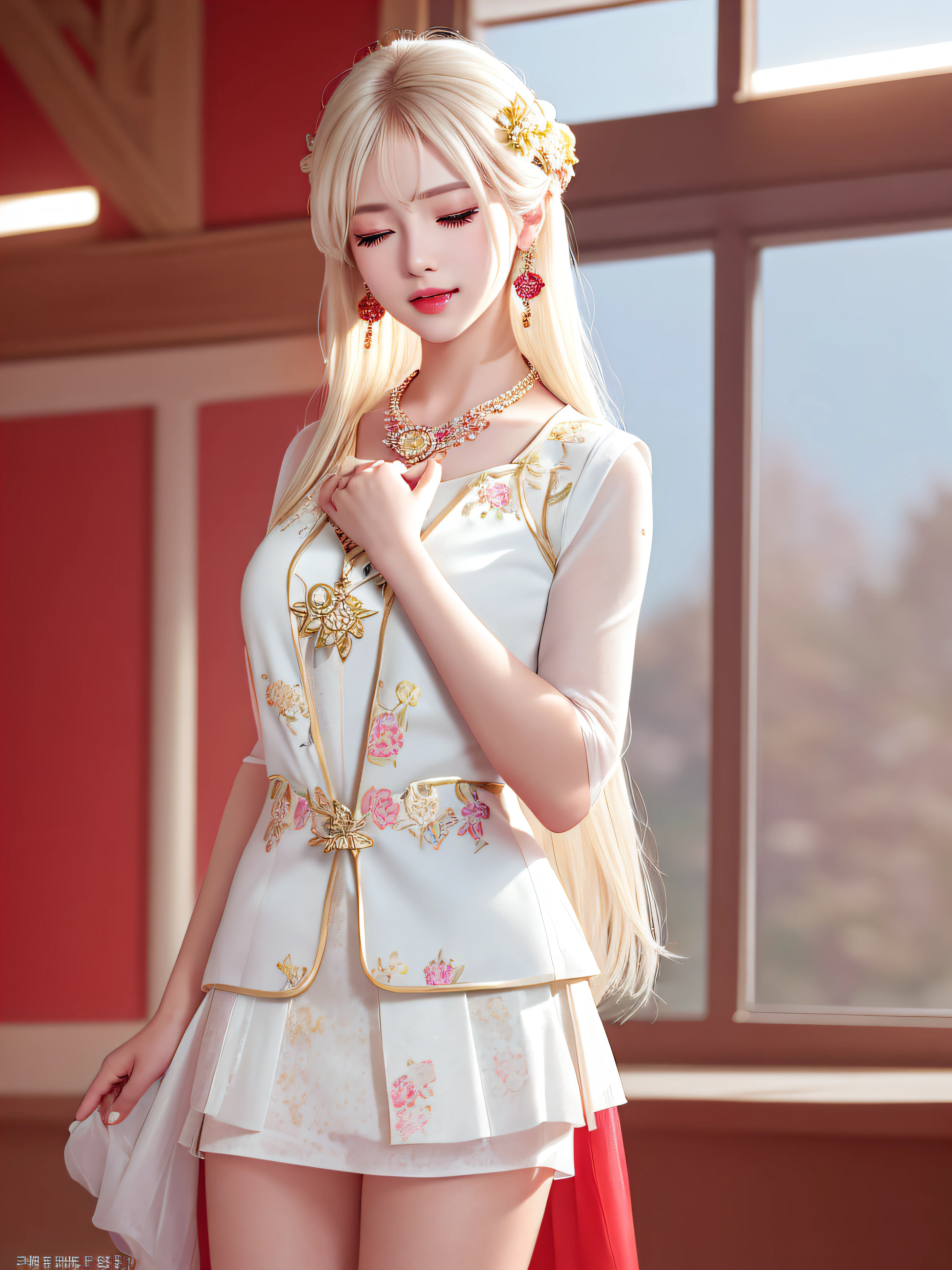 Female Teacher Standing in Classroom v6, Necklace, Earrings, Full Body V6, (Long Golden White Hair), Translucent Clothes, Looking, Superb, Ultra High Definition, RAW Photography, Realism 1.25), (Bright Lip Gloss, Long Eyelashes, Smooth) Face, Bright Skin, Natural Shadows, Wide Light, Wide Light, Depth of Field, Strong Colors, Subtle Caustics: 0.8), Smile, (Big), V6 Japan, (( Red floral vest on translucent white background, mini skirt), no sleeves, (eyes closed, face down), (hands folded in front of you), ((Female teacher standing in classroom v6, necklace, earrings, full body v6, ) (long golden white hair), translucent clothes, visible, exquisite, ultra high definition, RAW photo, realism 1.25), (bright lip gloss, long eyelashes, smooth) face, bright skin, natural shadows, wide light, Wide Light, Depth of Field, Strong Color, Subtle Caustics: 0.8), Smile, (Big), V6 Japan, ((Translucent white background with red floral vest, mini skirt)), No sleeves, (Close your eyes, face down), (Fold your hands in front of you), (Tears)〉