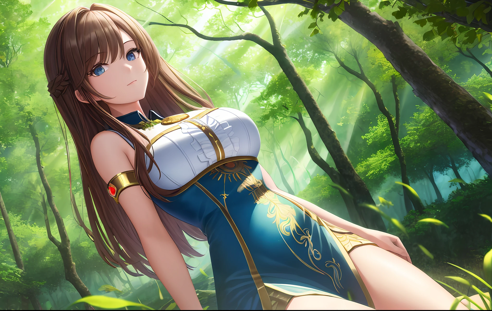 "((masterpiece)), best quality, ultra-detailed, extremely detailed CG unity 8k wallpaper, high saturation, a beautiful girl standing in the midst of a lush forest, surrounded by trees and shrubs, light shining through leaves and branches, with a dreamy atmosphere and a sense of enchantment."