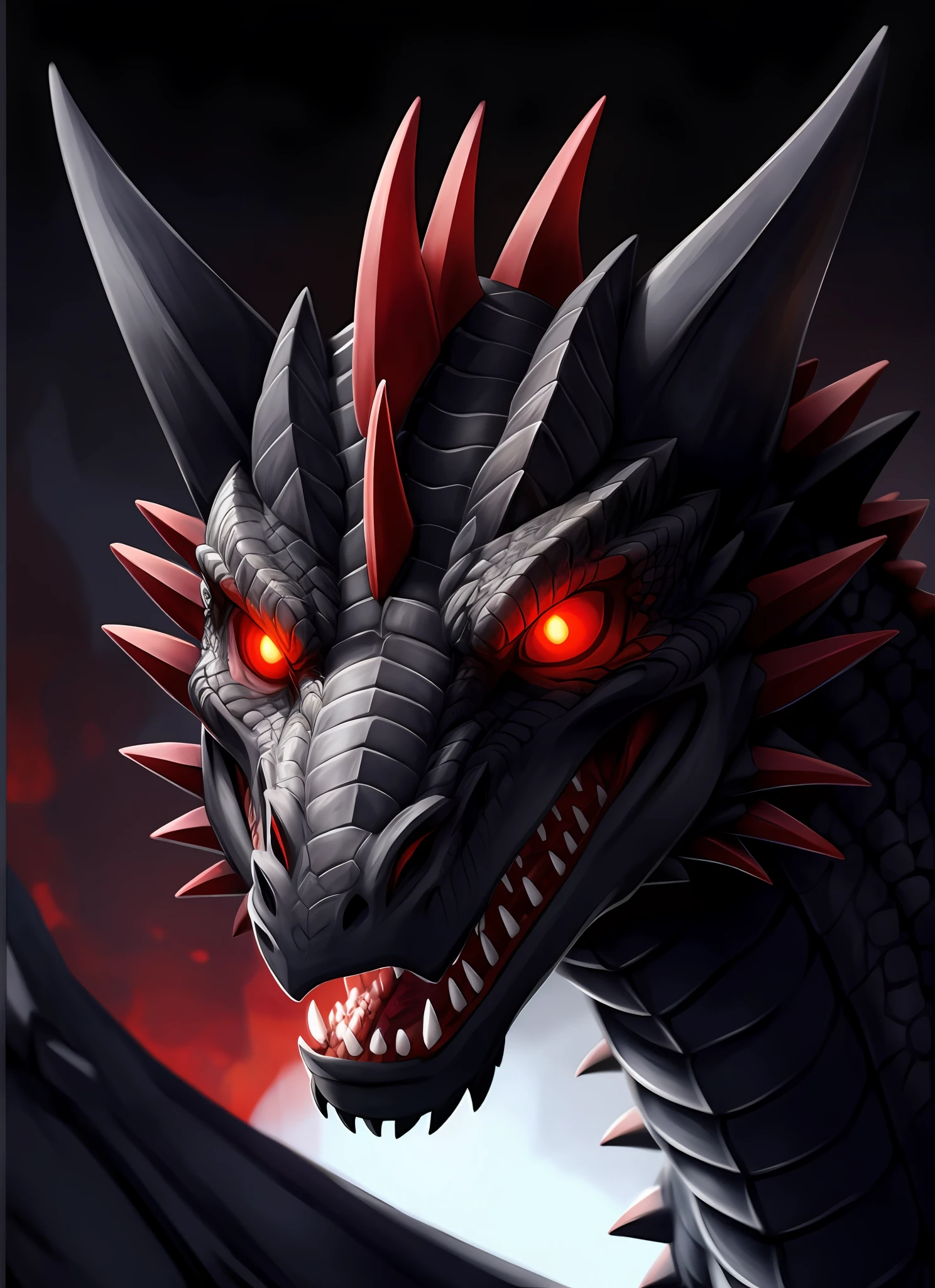 Dragon, smiling, black scales, grey underbelly, white pupils, cel shaded, headshot icon, playful, red glowing eyes, feral, quadrupedal