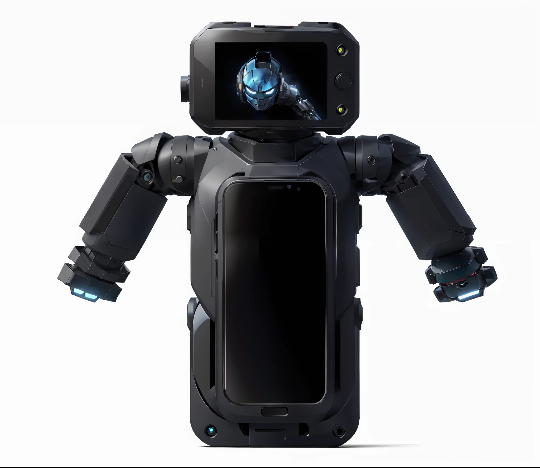 a close up of a black cell phone with a blue screen, multiple arms, 3/4 front view, top - view, bottom - view, complete body view, full - view, full front view, top-down view, top angle view, top - down view, upper body avatar, front-view, friendly humanoid cyber robot