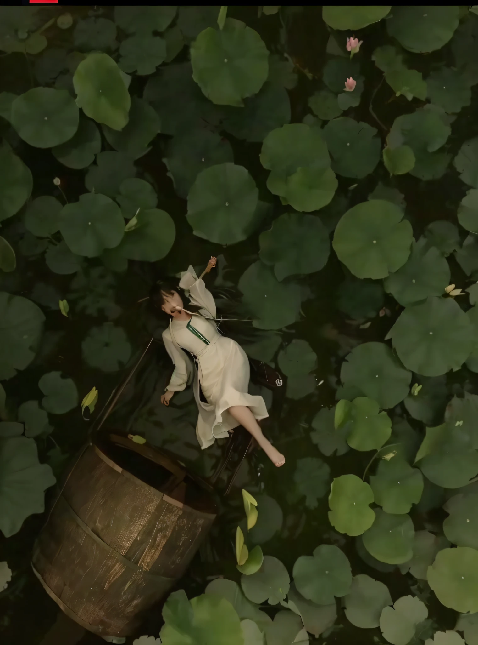 there is a woman laying on a barrel in the middle of a field of water lillies, girl floating in a flower field, beautiful cinematography, lying on lily pad, a still of an ethereal, she is floating in the air, still frame from a movie, guweiz masterpiece, still from a fantasy movie, stunning cinematography, female floating, screenshot from a movie