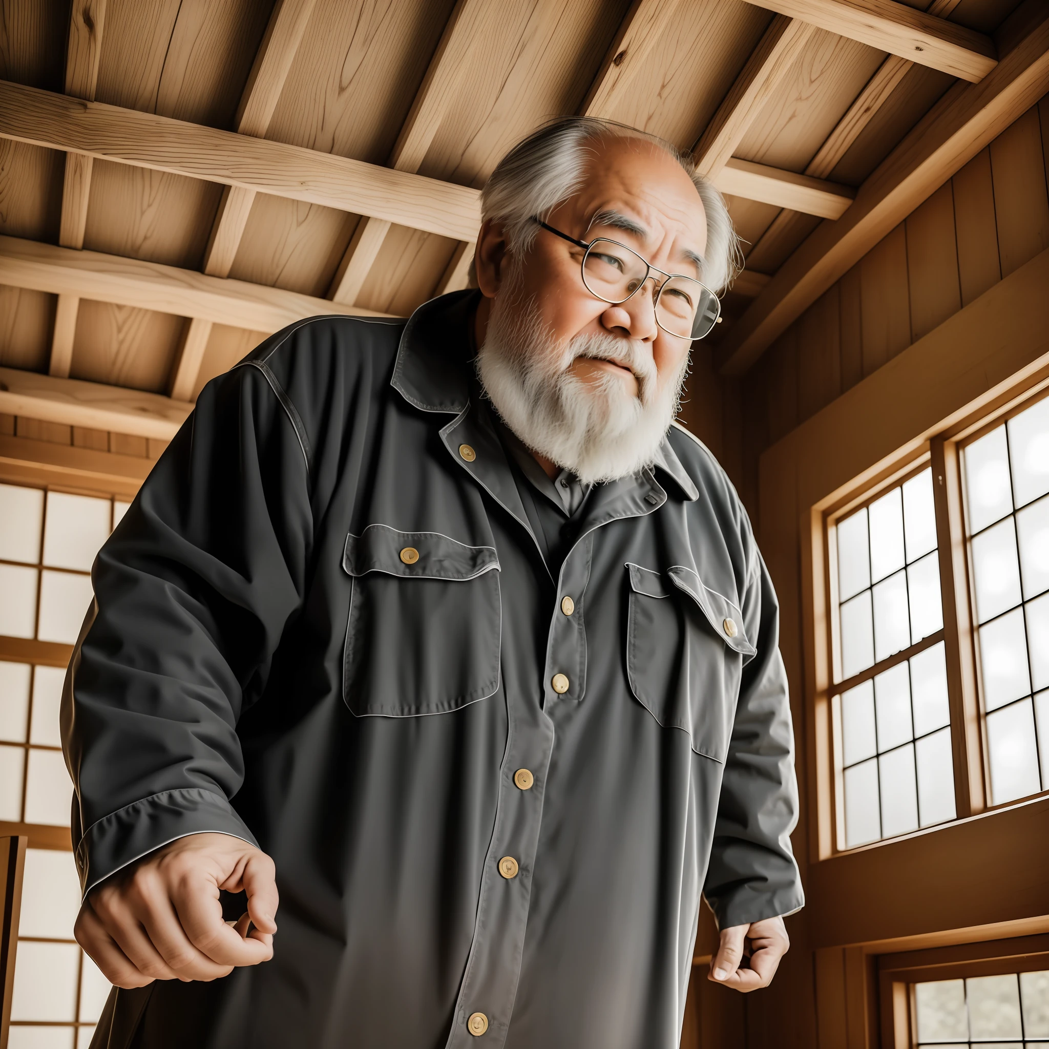 ((highest quality)), ((hyperreal)), a battered house in the countryside of the Japan. A fat old man named Kazuya with glasses who has long unkempt hair and is armed with a powered suit with a beard. Detailed photos. Illuminated background, diffused light, full body, open plan, high quality, Sony A7III, 8k, 16mm 2.4 lens, soft black mist filter