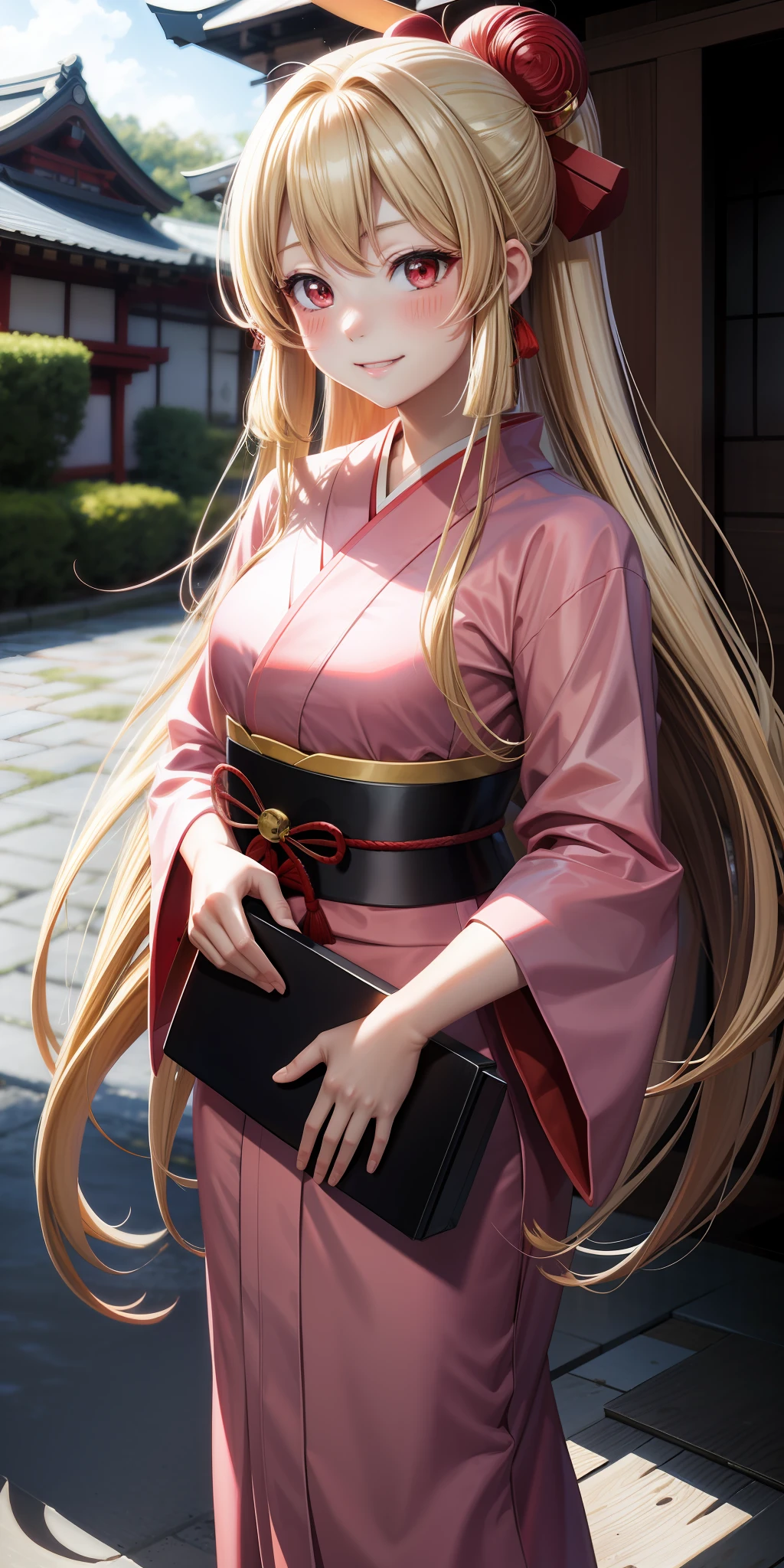 anime, single girl, blonde, long hair, red eyes, kamimeki, blush, pink yukata, red hakama, kyoto, smile