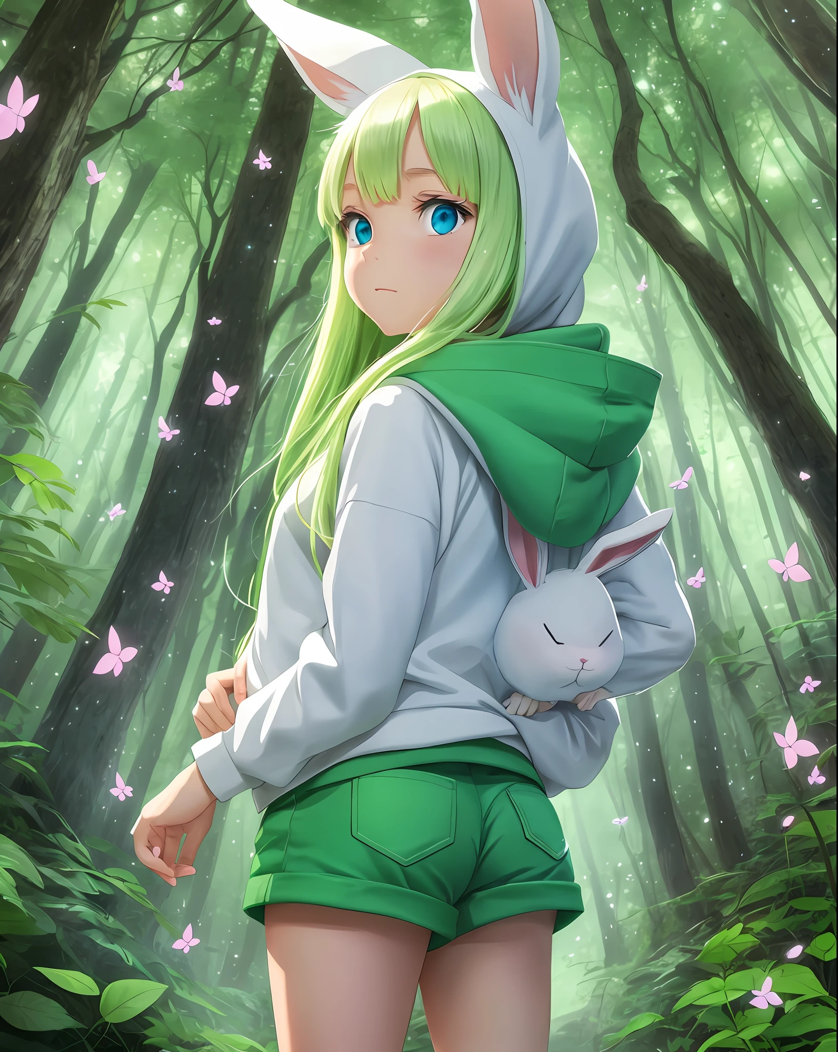 girl with bunny ears and bunny tail, wearing a light green hoodie and white shorts, big bright blue eyes, studio ghibli, anime style:1.3,  reflective eyes, forest theme with natural elements, quiet streams, glowing flowers of various colors, surrounded by delicate leaves and branches, with fireflies and glowing particle effects, --auto --s2