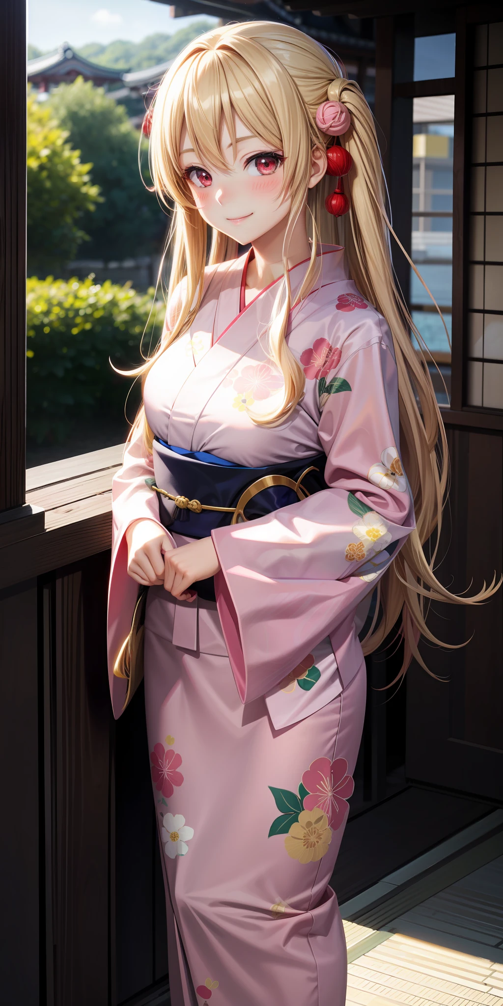 anime, single girl, blonde, long hair, red eyes, kamimeki, blush, pink yukata, kyoto, smiling