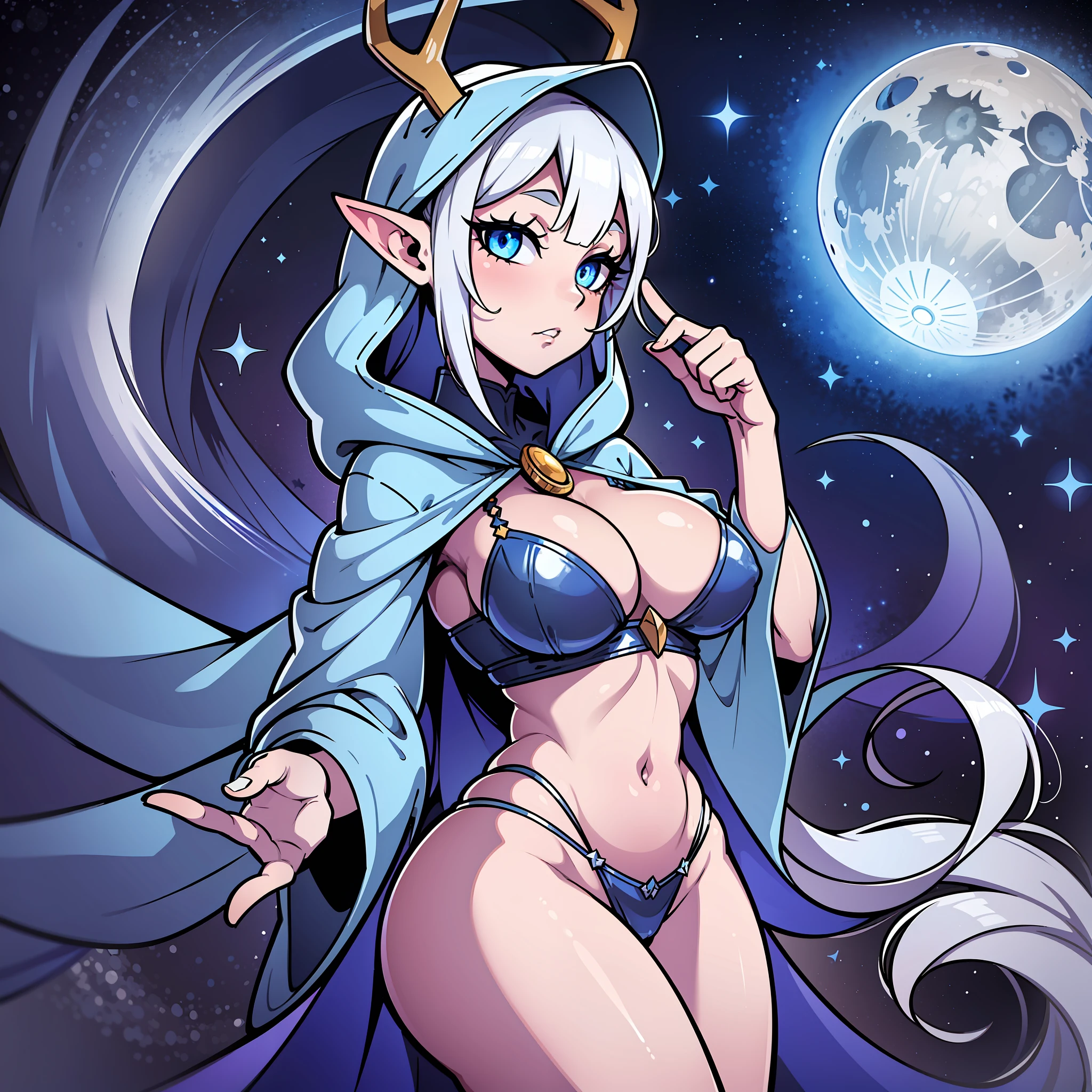 Elf ears, pointed ears, ((robe)), ((hood up)), ((hood with antlers)), Mysterious, Enigmatic, Otherworldly, Solitary, Sage, Lunar being, Moonlight, Silver-white hair, Shimmering blue and silver ribbons, Moonlit night, Reflective eyes, Deep wisdom, Melancholy, Slender, Graceful, Pale luminescence, Moonlight glow, Silver-white hair, Shimmering blue and silver ribbons, Reflective eyes, Silvery-blue glow, Moonlit night, Flowing gown, Phases of the moon, Dark blue, Deep purple, Silver and gold celestial patterns, Stars, Moons, Constellations, High collar, Hood, Silver amulet, Delicate chain, lantern, Moon, Gentle source of light, Silver rings, Moonstones, ((1girl)), ((simple background)), ((colored background)), wide hips, full body, ((pin up)), ((big butt)), ((big eyes)), ((colored skin)), ((droopy breasts)), ((robes))