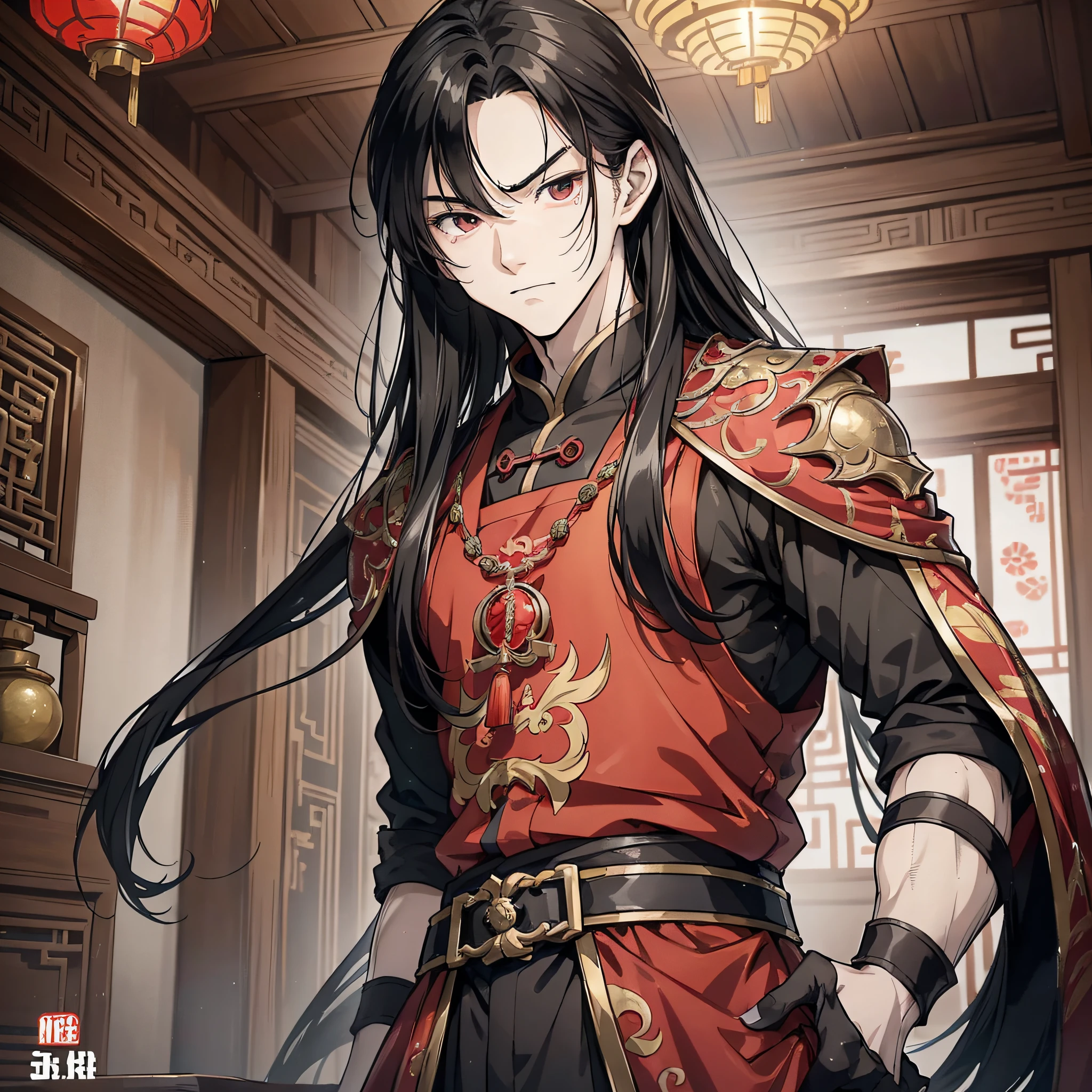 Ancient Chinese black long hair and about 18 years old anime young man wearing red wedding banquet Han costume, (frowning expression 1.5) (angry roar 1.2) (open mouth roar 1.5) (background is ancient Chinese room 1.5) anime style 4 K, anime rendering, anime style. 8k, handsome anime face, handsome costume boy (upper body display 1.5) (handsome boy 1.3) (movie level lighting 1.5)