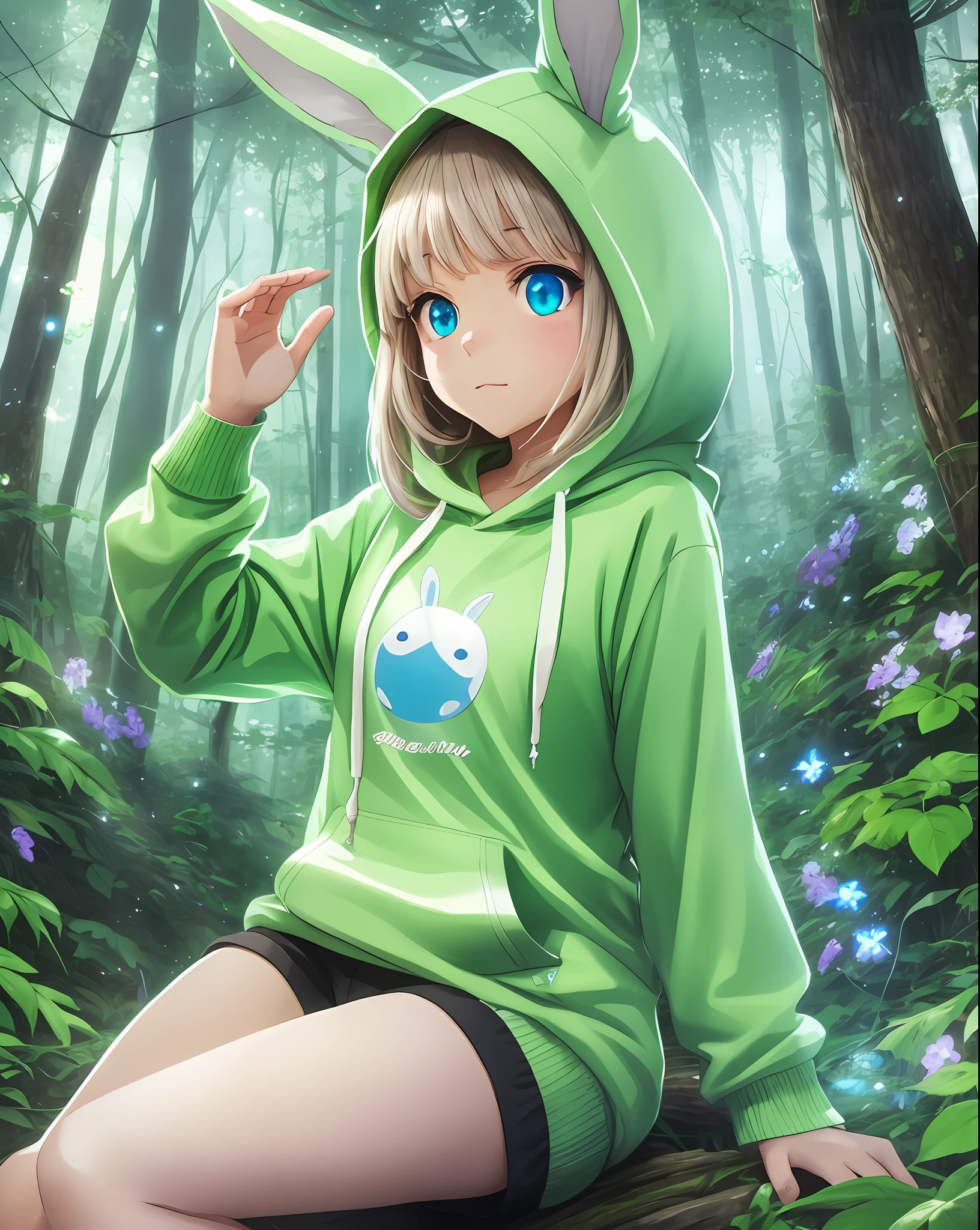girl with bunny ears and bunny tail, wearing a light green hoodie and white shorts, big bright blue eyes, studio ghibli, anime style:1.3, reflective eyes, forest theme with natural elements, quiet streams, glowing flowers of various colors, surrounded by delicate leaves and branches, with fireflies and glowing particle effects, --auto --s2